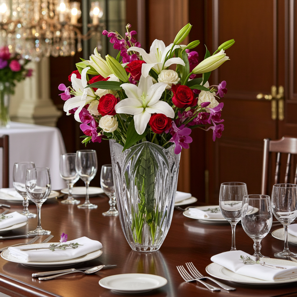 Frosted Crystal Tulip Vase — Etched Fluted Design