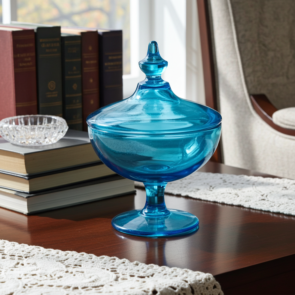 Blue Glass Covered Compote - Turquoise Pedestal Candy Dish