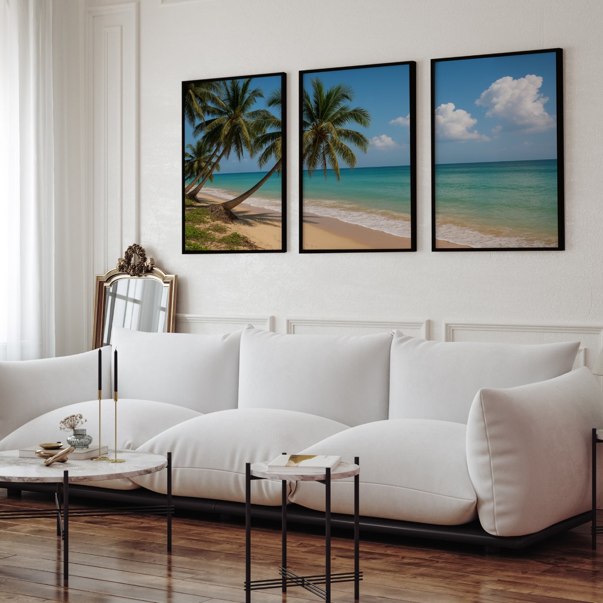 Tropical Palm Beach Triptych Wall Art – Blue Sky & Ocean View