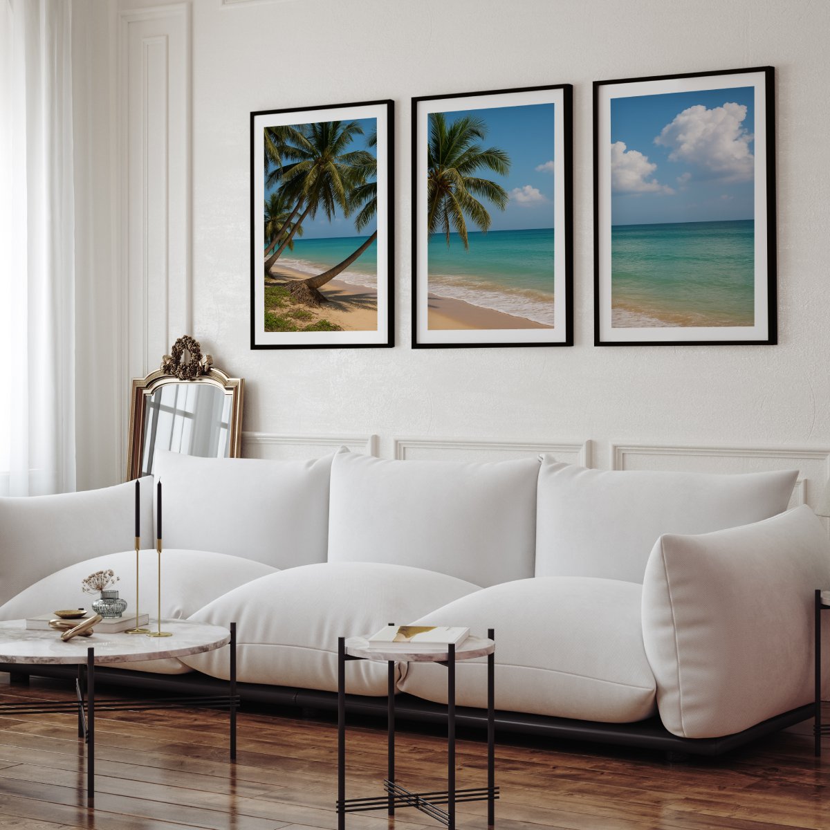 Tropical Palm Beach Triptych Wall Art – Blue Sky & Ocean View