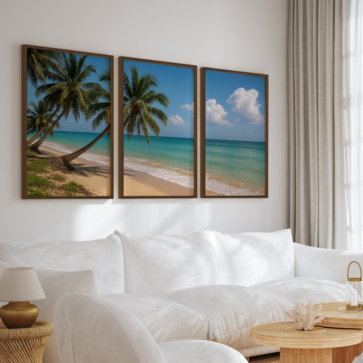 Tropical Palm Beach Triptych Wall Art – Blue Sky & Ocean View