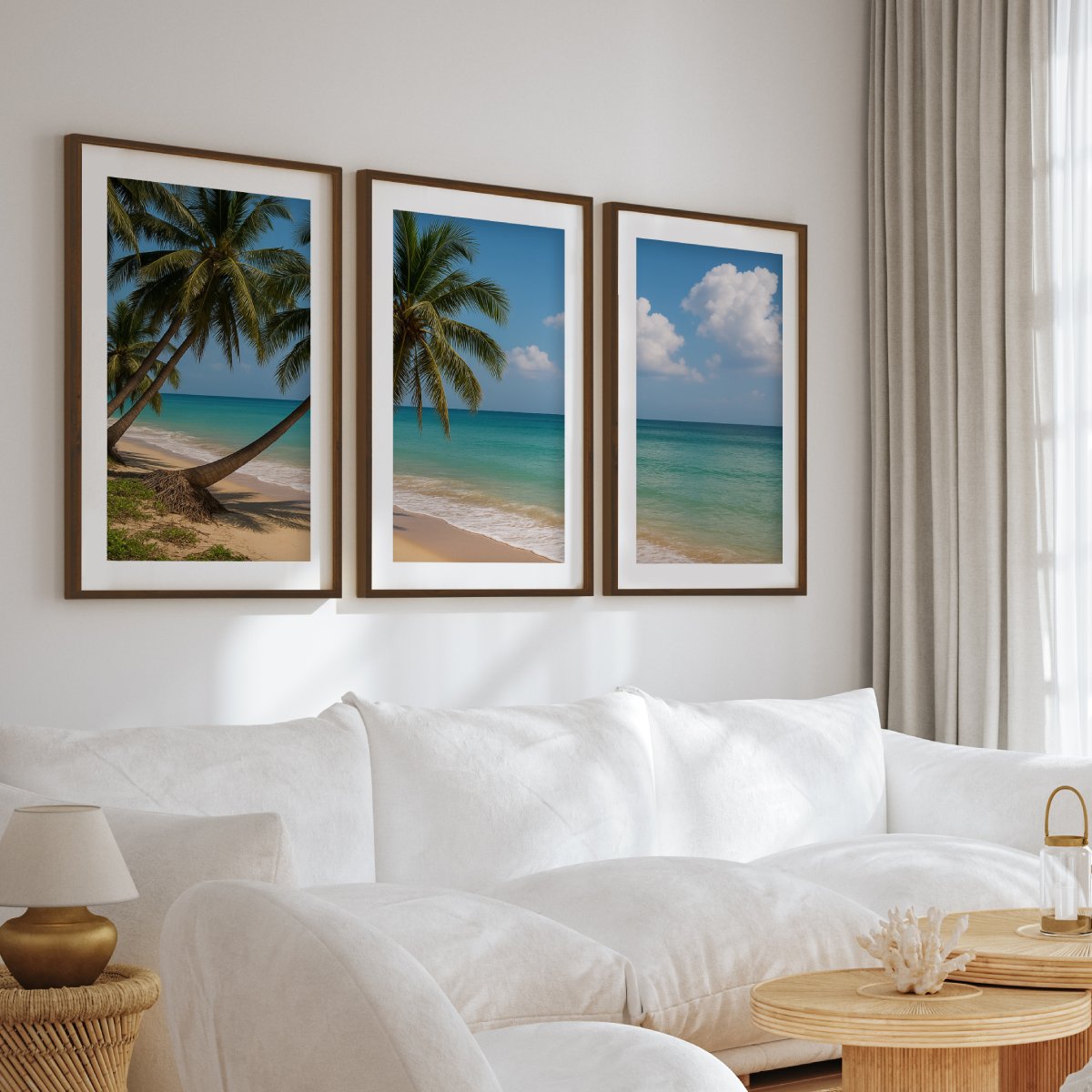Tropical Palm Beach Triptych Wall Art – Blue Sky & Ocean View