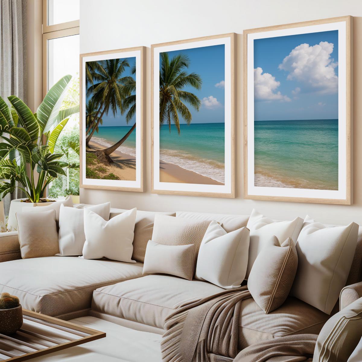 Tropical Palm Beach Triptych Wall Art – Blue Sky & Ocean View