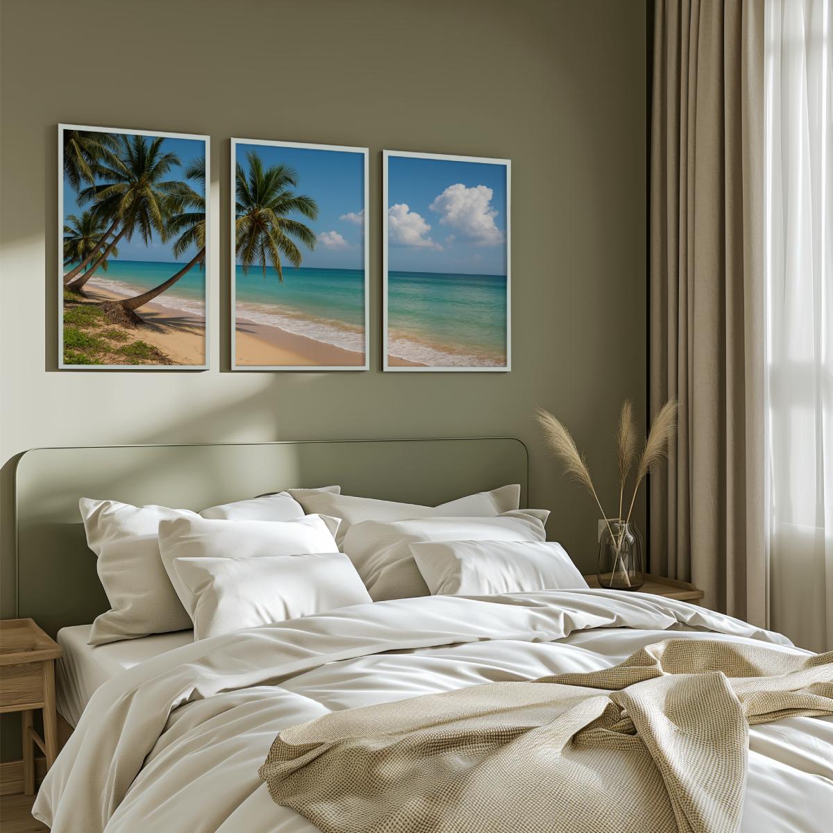 Tropical Palm Beach Triptych Wall Art – Blue Sky & Ocean View