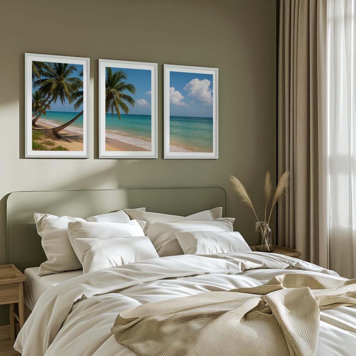 Tropical Palm Beach Triptych Wall Art – Blue Sky & Ocean View
