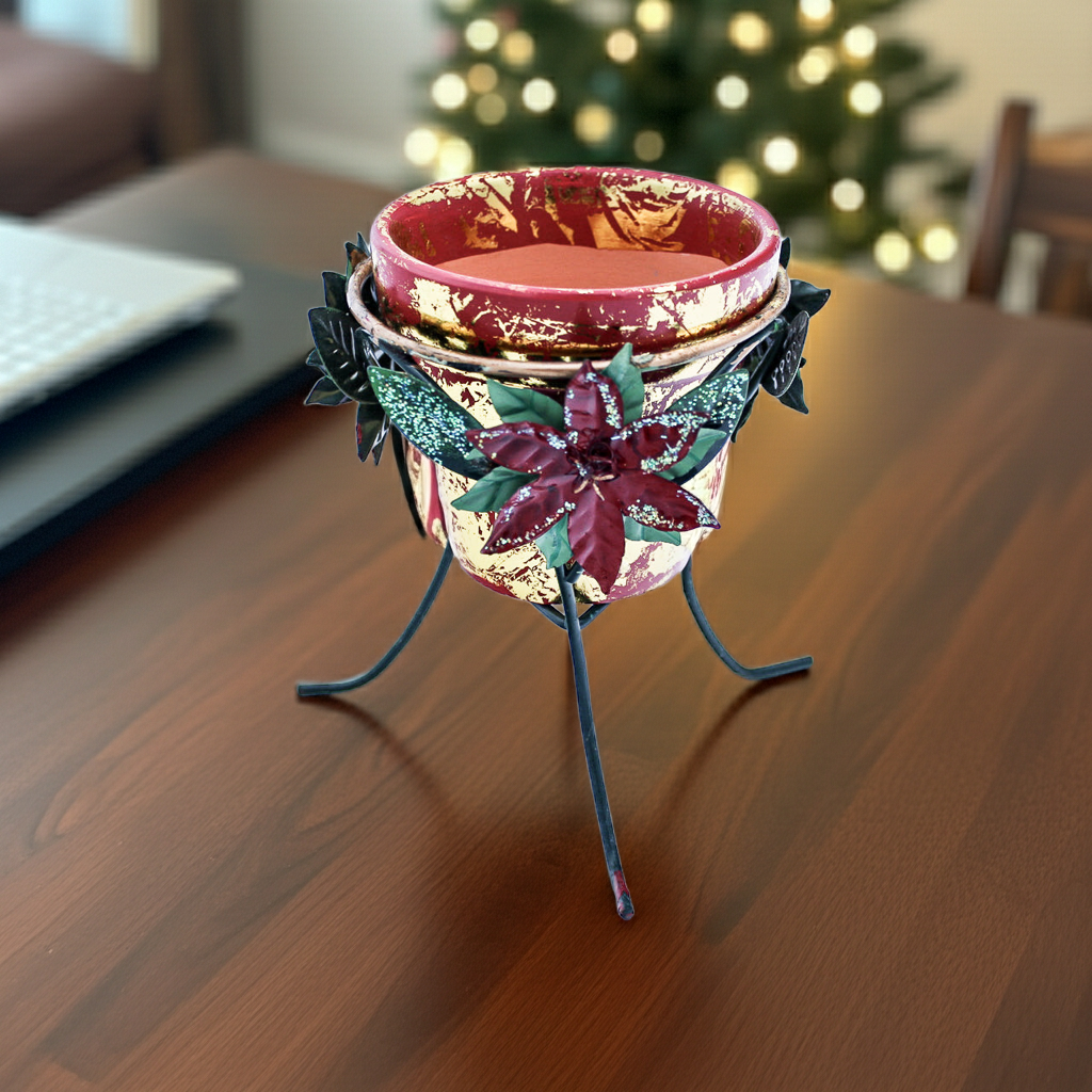 Metal Poinsettia Decorative Holder with Red Clay Pot — Holiday Accent