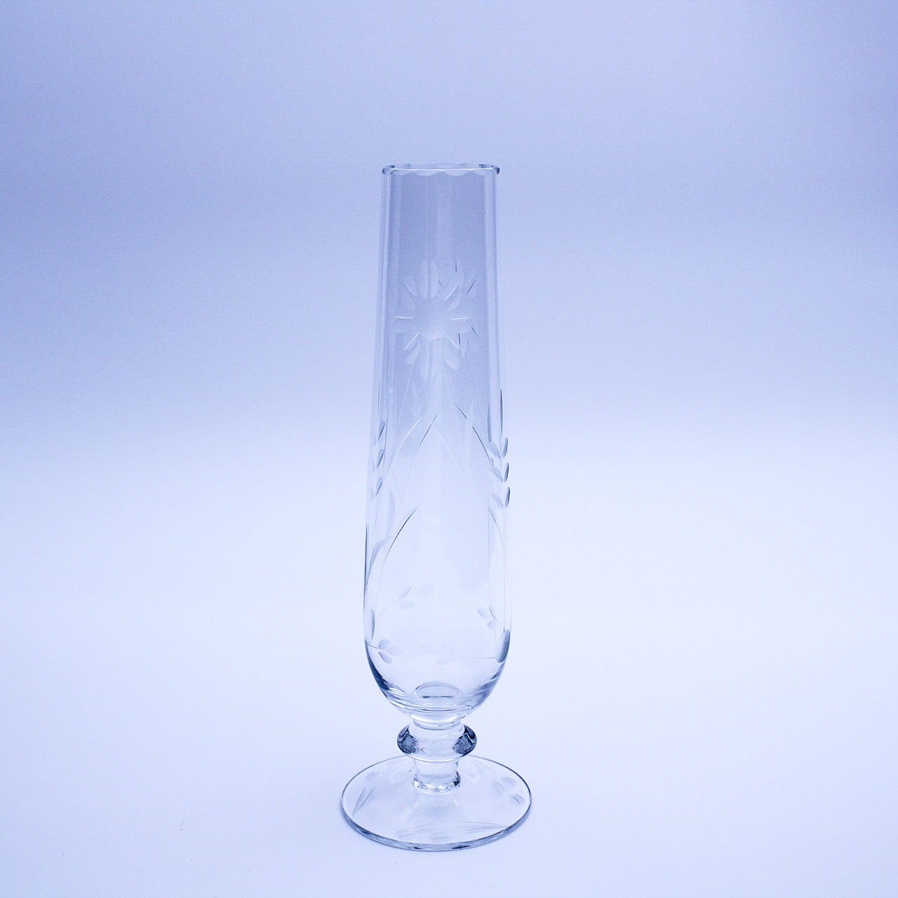 Clear Glass Bud Vase with Pedestal Base & Etched Floral Detail — 9"