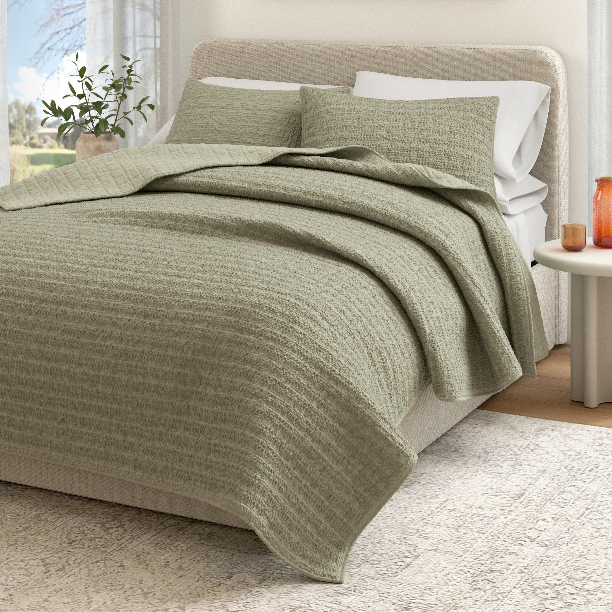 100% Cotton Honeycomb Waffle Garment Washed Quilt Set - Genevieve Collection