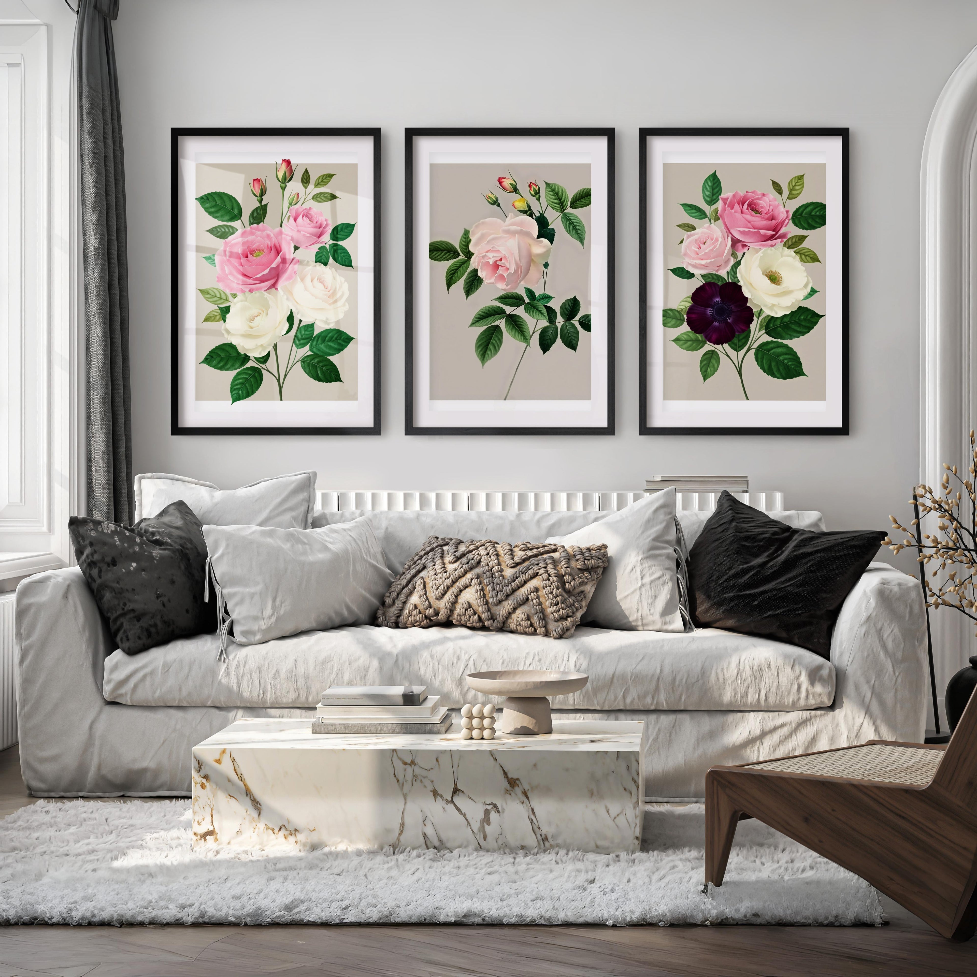 Vintage Botanical Paintings Rose Floral Art Set of 3
