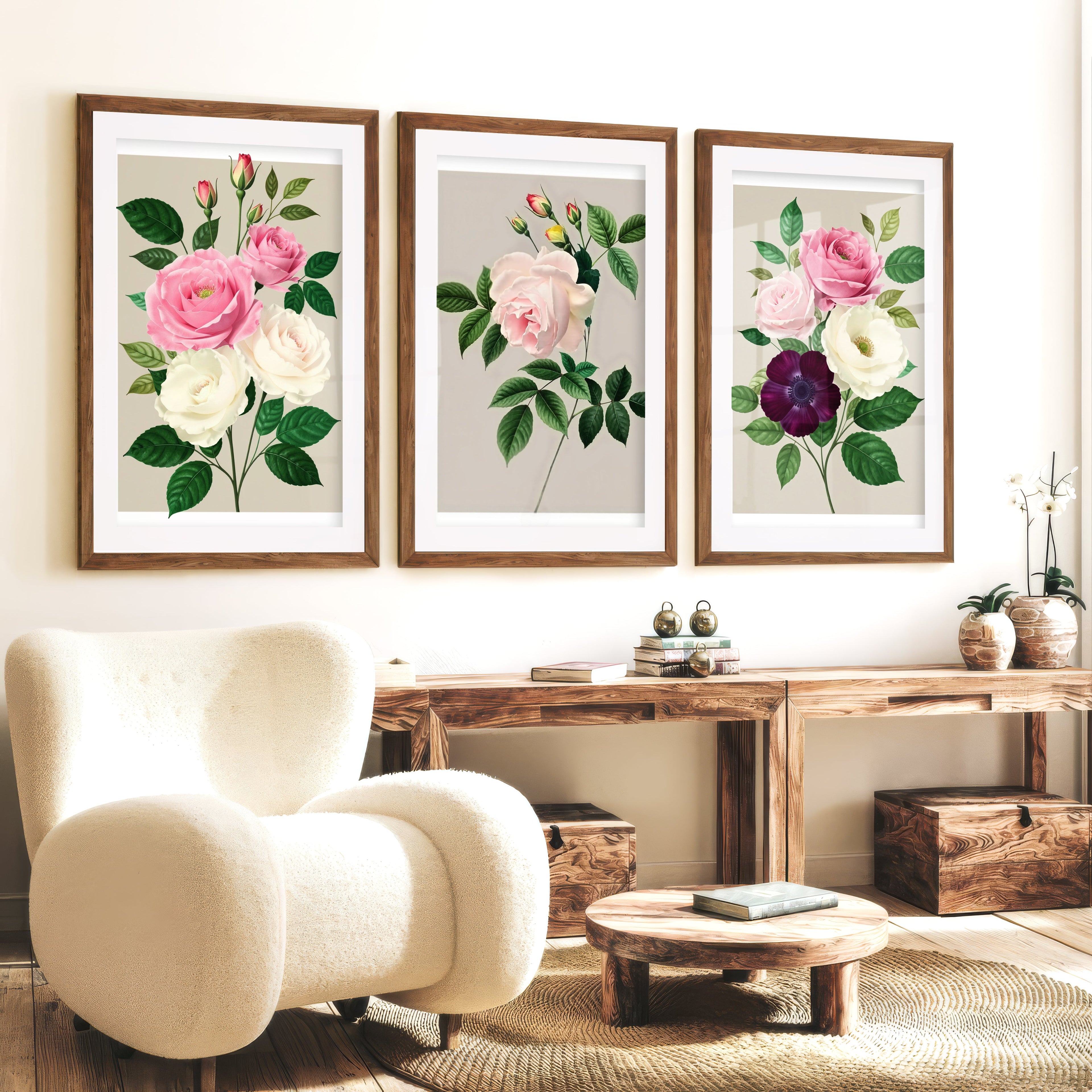 Vintage Botanical Paintings Rose Floral Art Set of 3