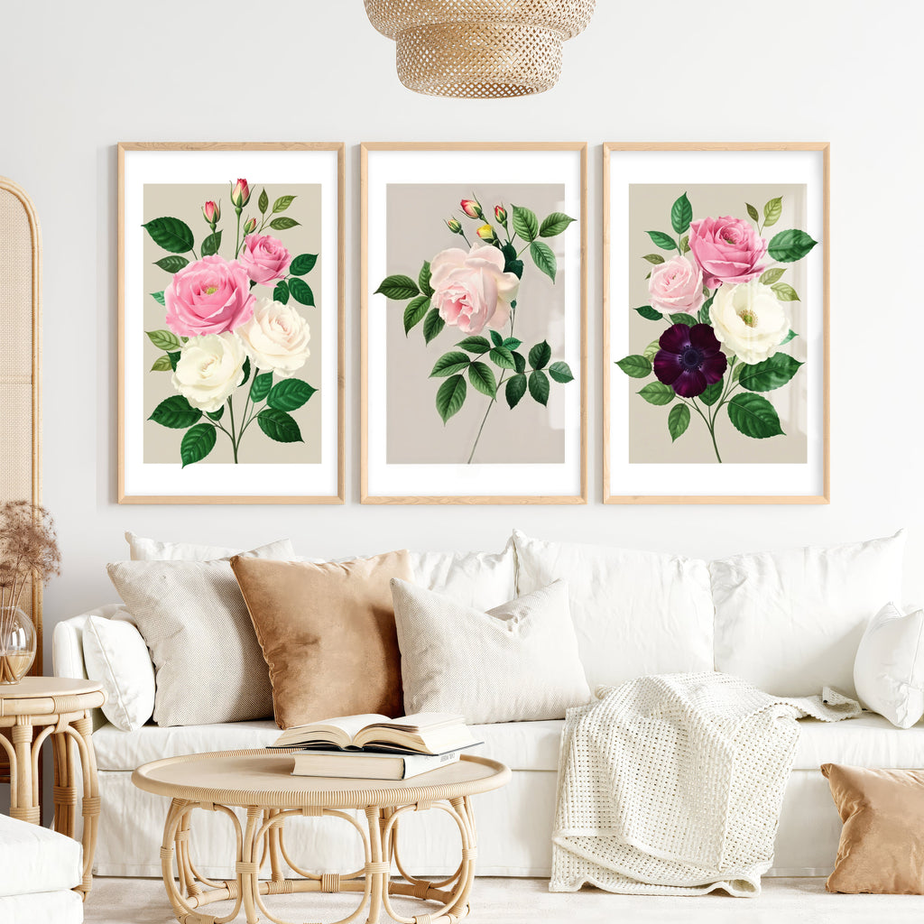 Lot de 3 tableaux d'art floral vintage avec roses