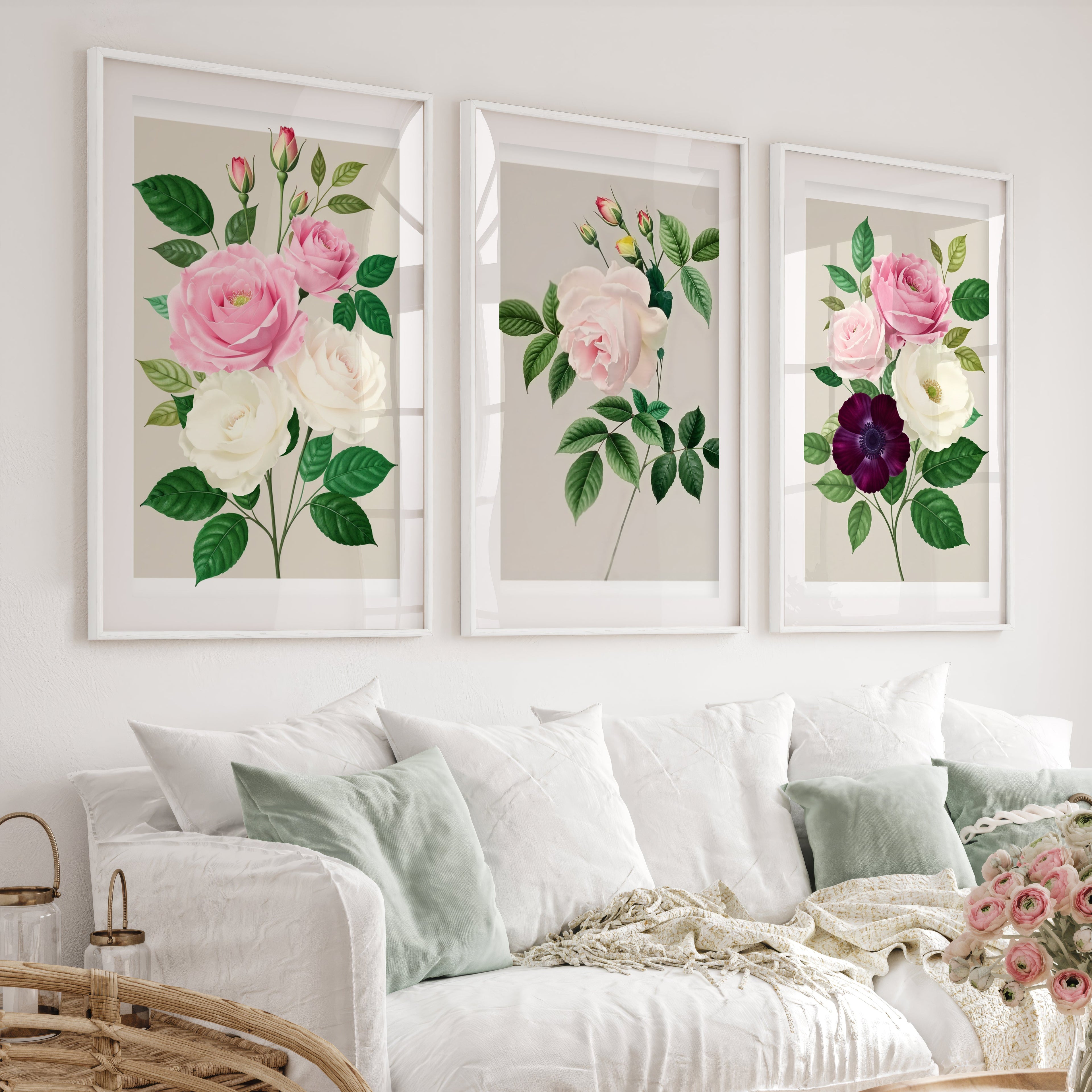 Vintage Botanical Paintings Rose Floral Art Set of 3