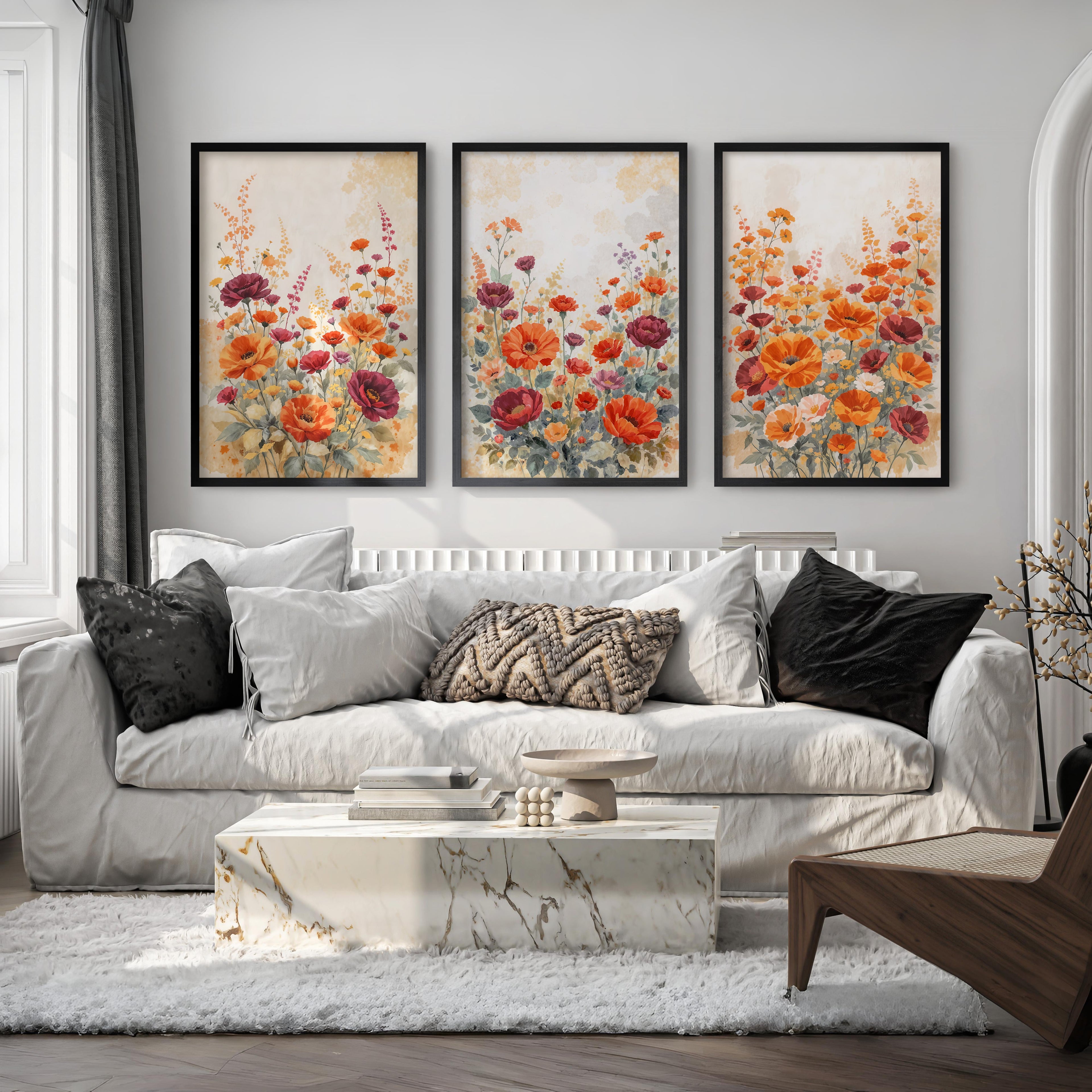 Vintage Botanical Prints – Orange and Red Floral Set of 3