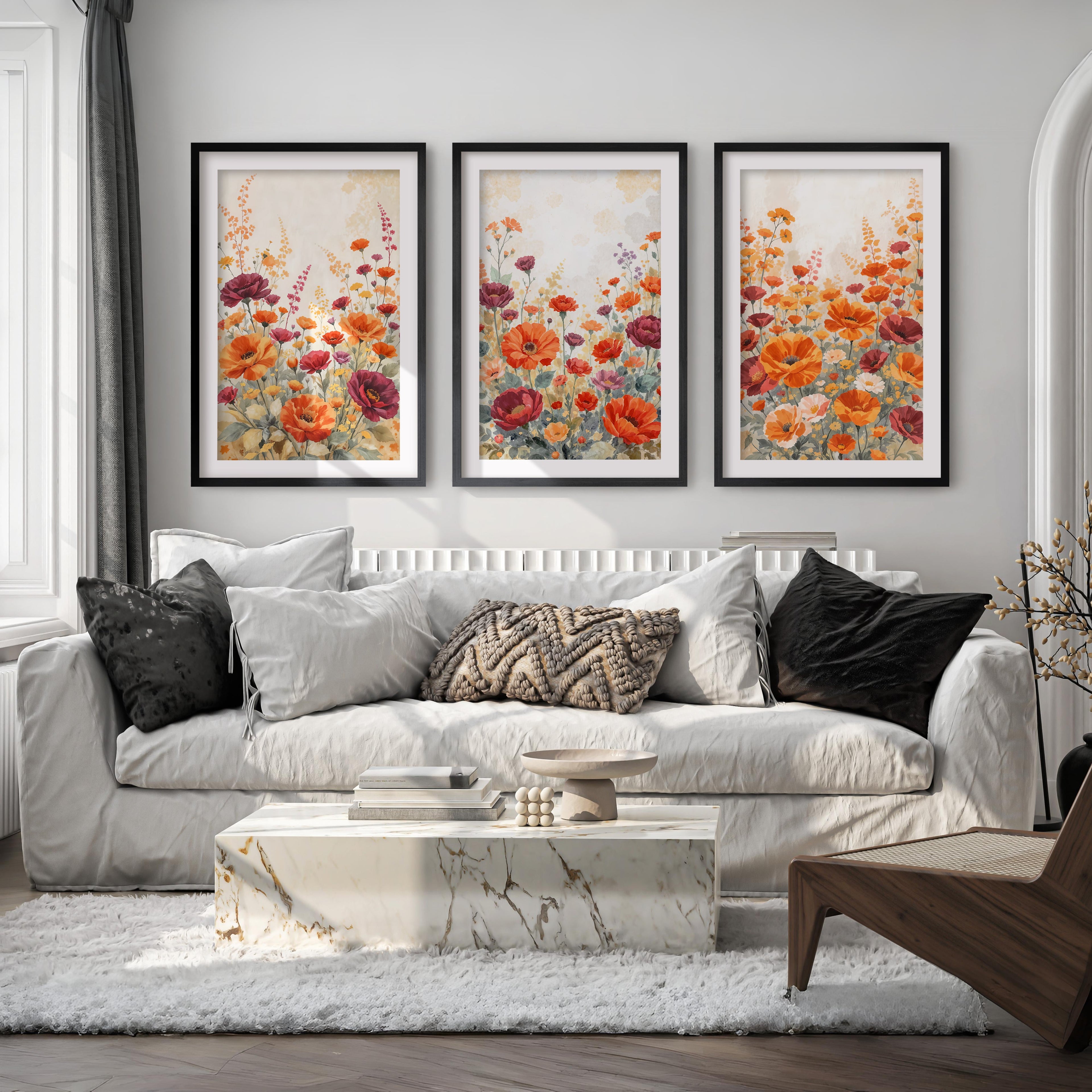 Vintage Botanical Prints – Orange and Red Floral Set of 3