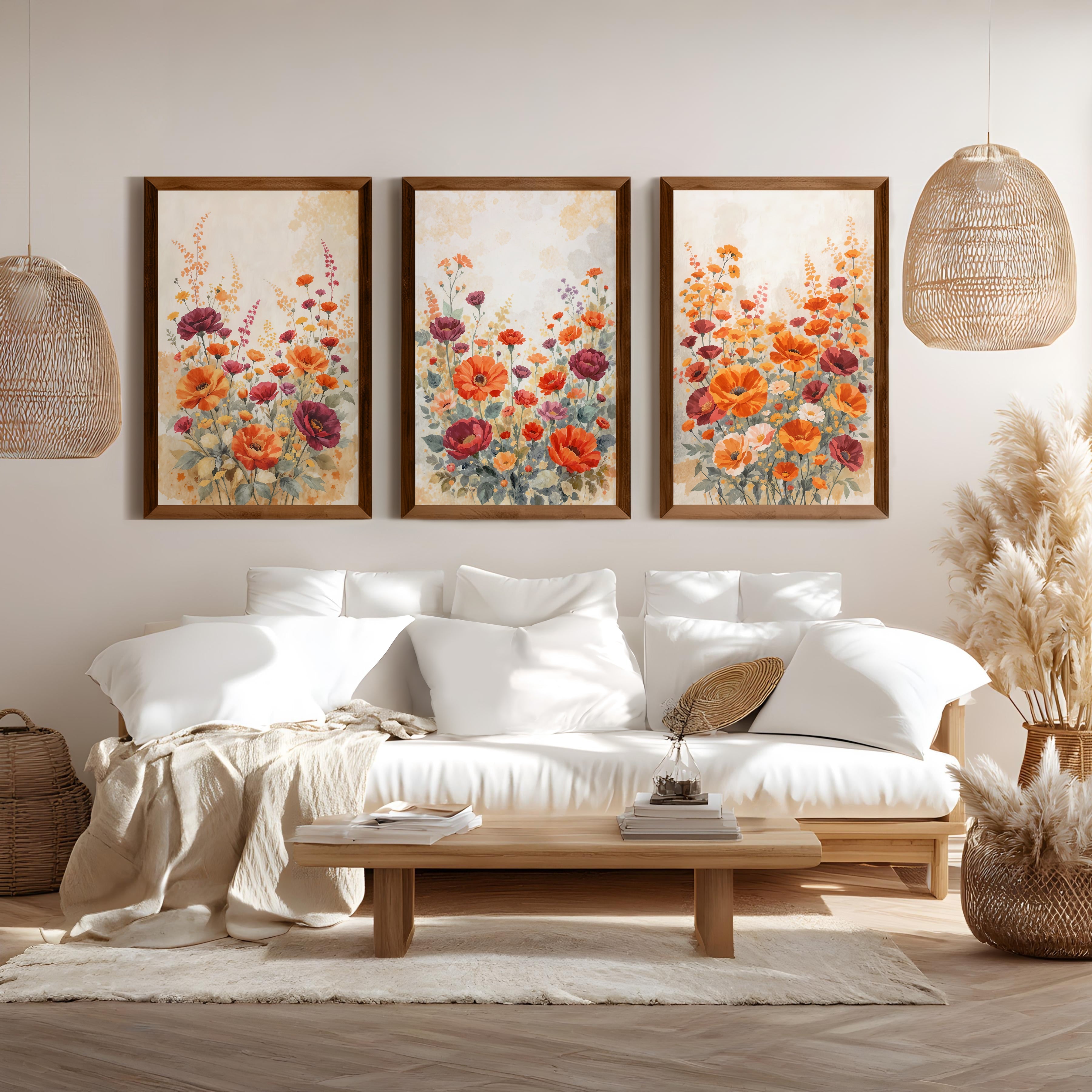 Vintage Botanical Prints – Orange and Red Floral Set of 3