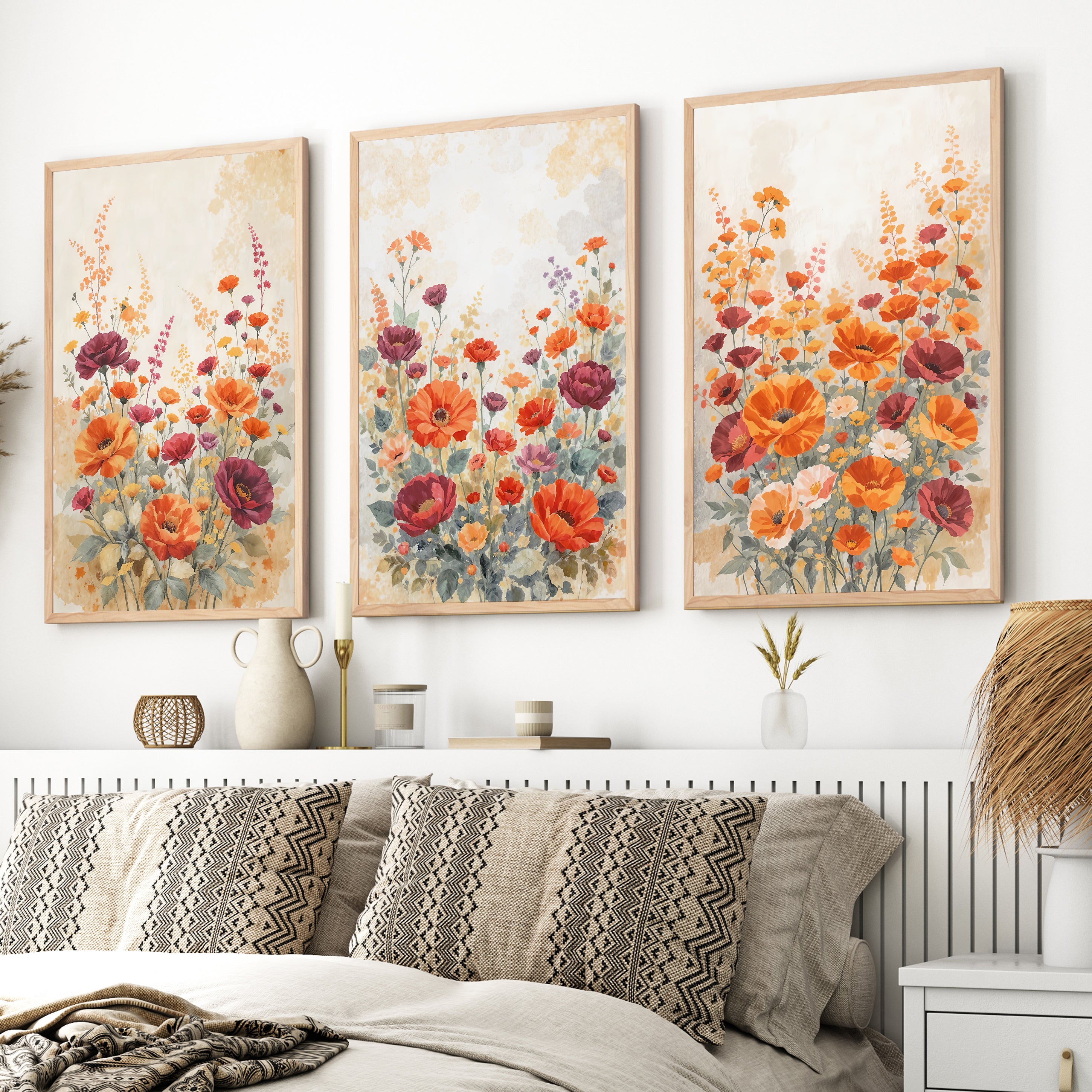 Vintage Botanical Prints – Orange and Red Floral Set of 3