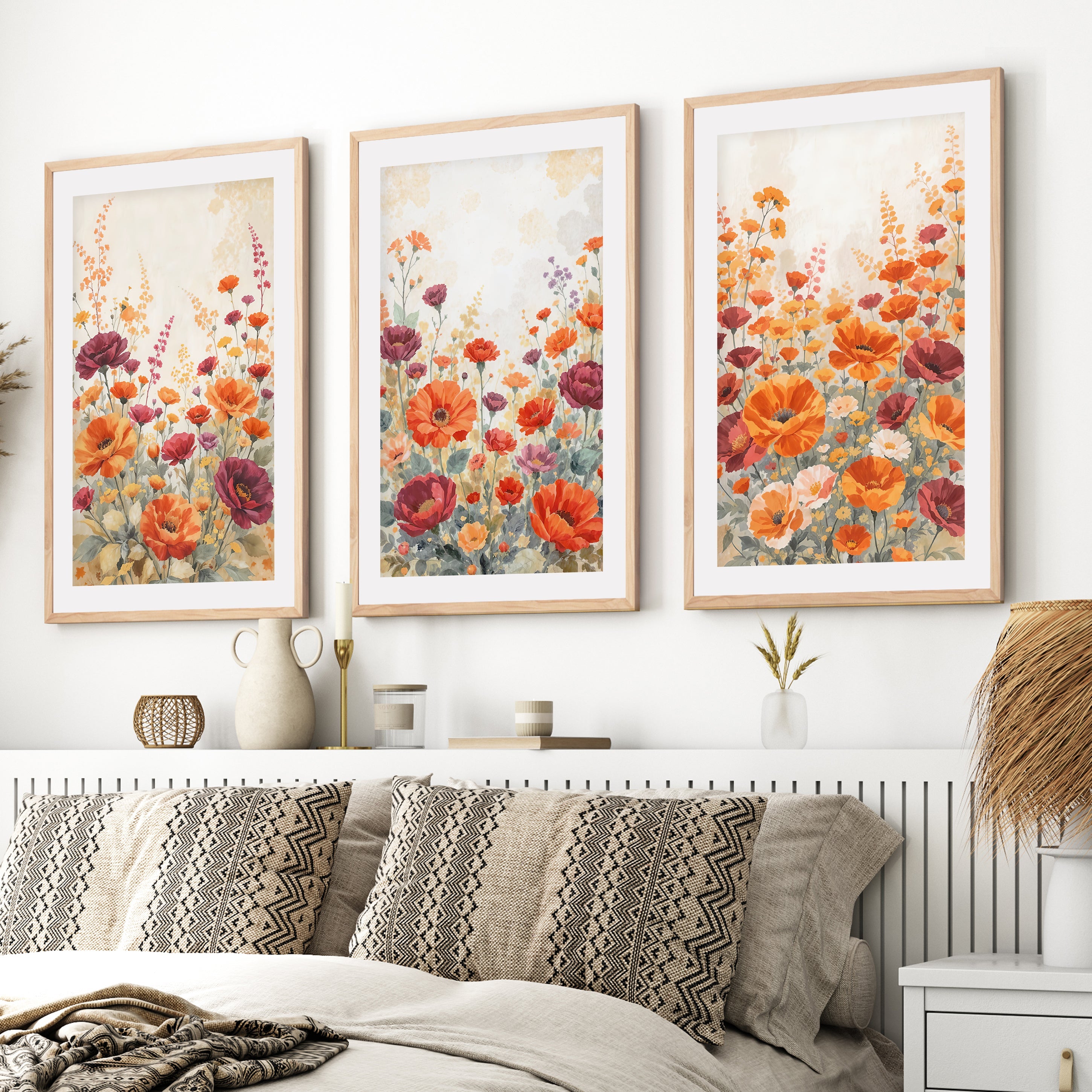 Vintage Botanical Prints – Orange and Red Floral Set of 3