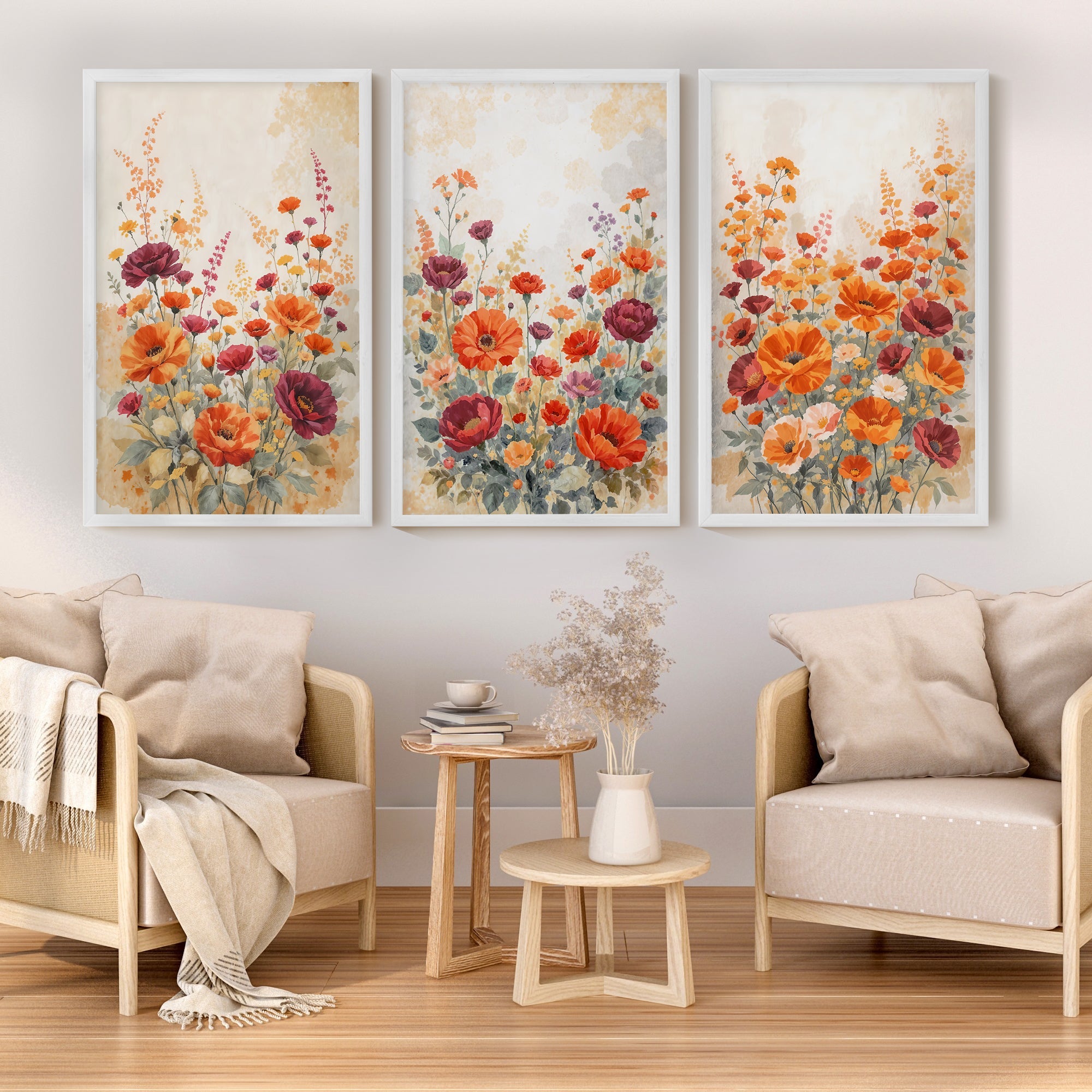 Vintage Botanical Prints – Orange and Red Floral Set of 3