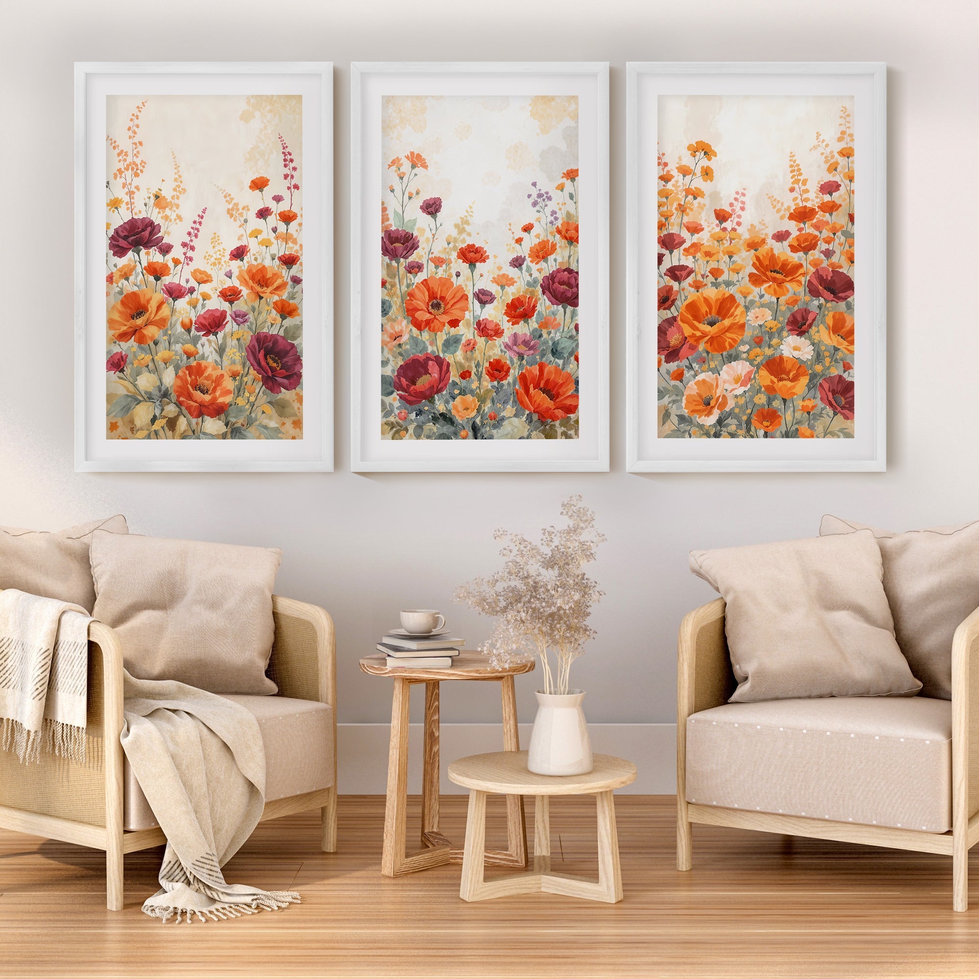 Vintage Botanical Prints – Orange and Red Floral Set of 3