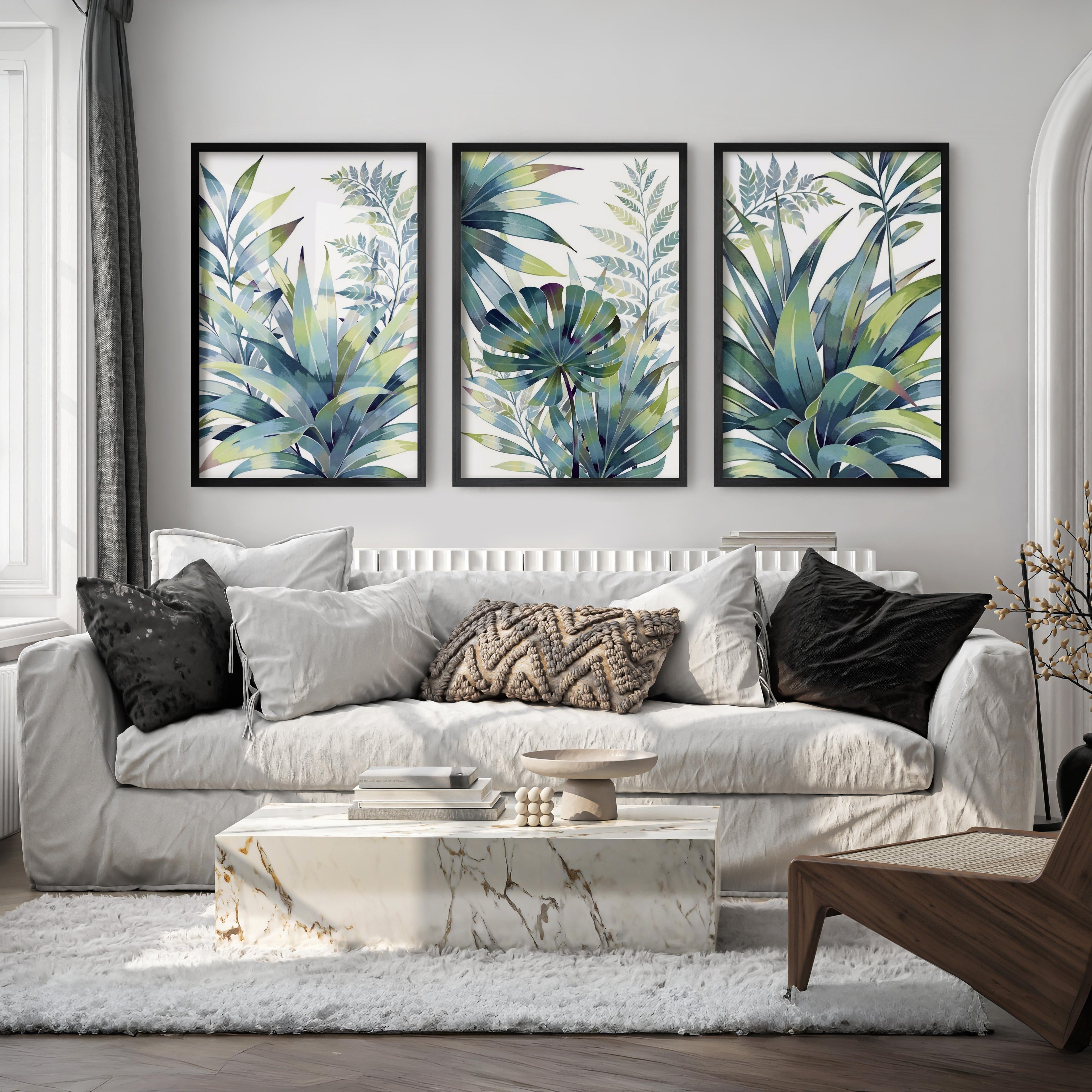 Vintage Floral Prints Framed Blue Green Leaf Art Set of 3