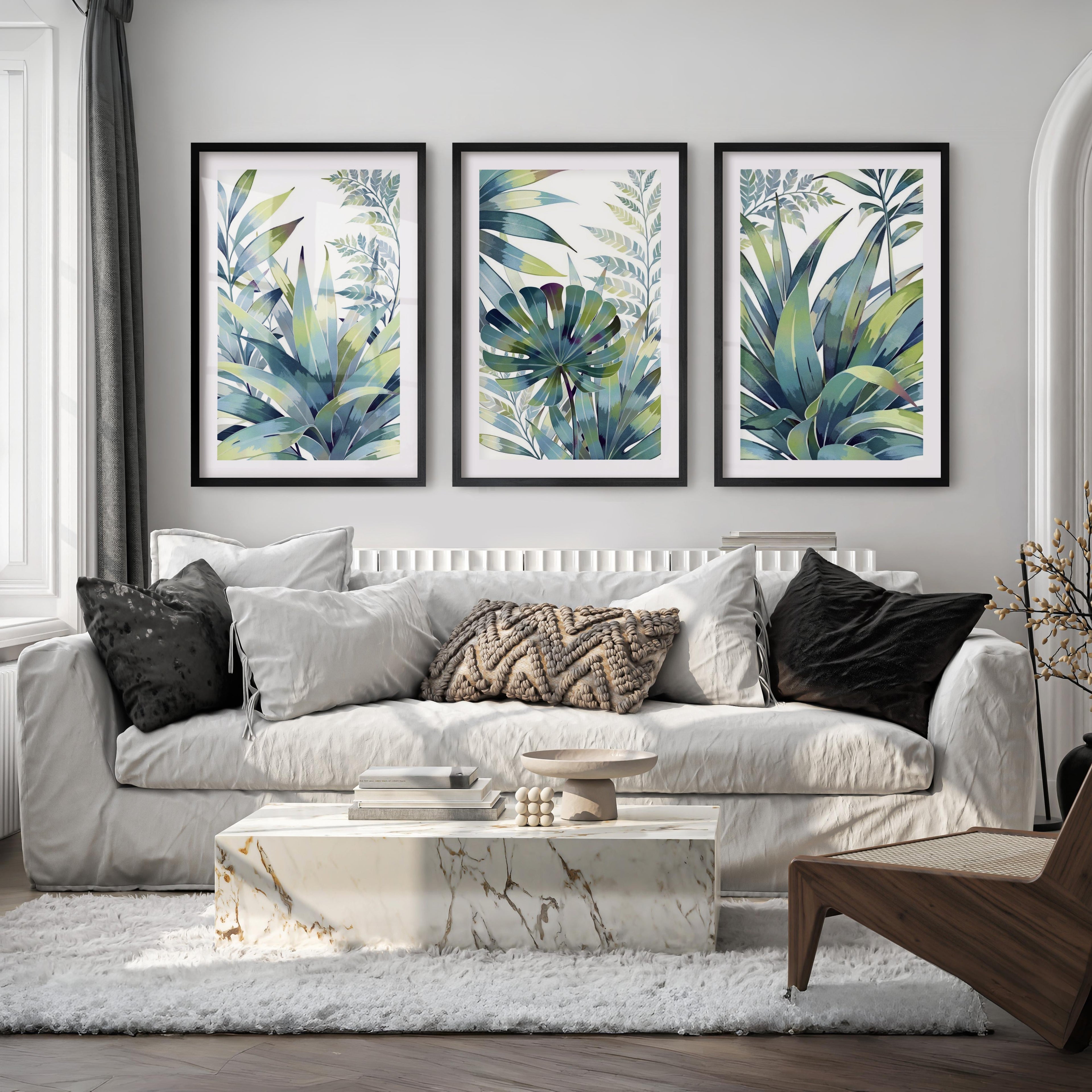Vintage Floral Prints Framed Blue Green Leaf Art Set of 3