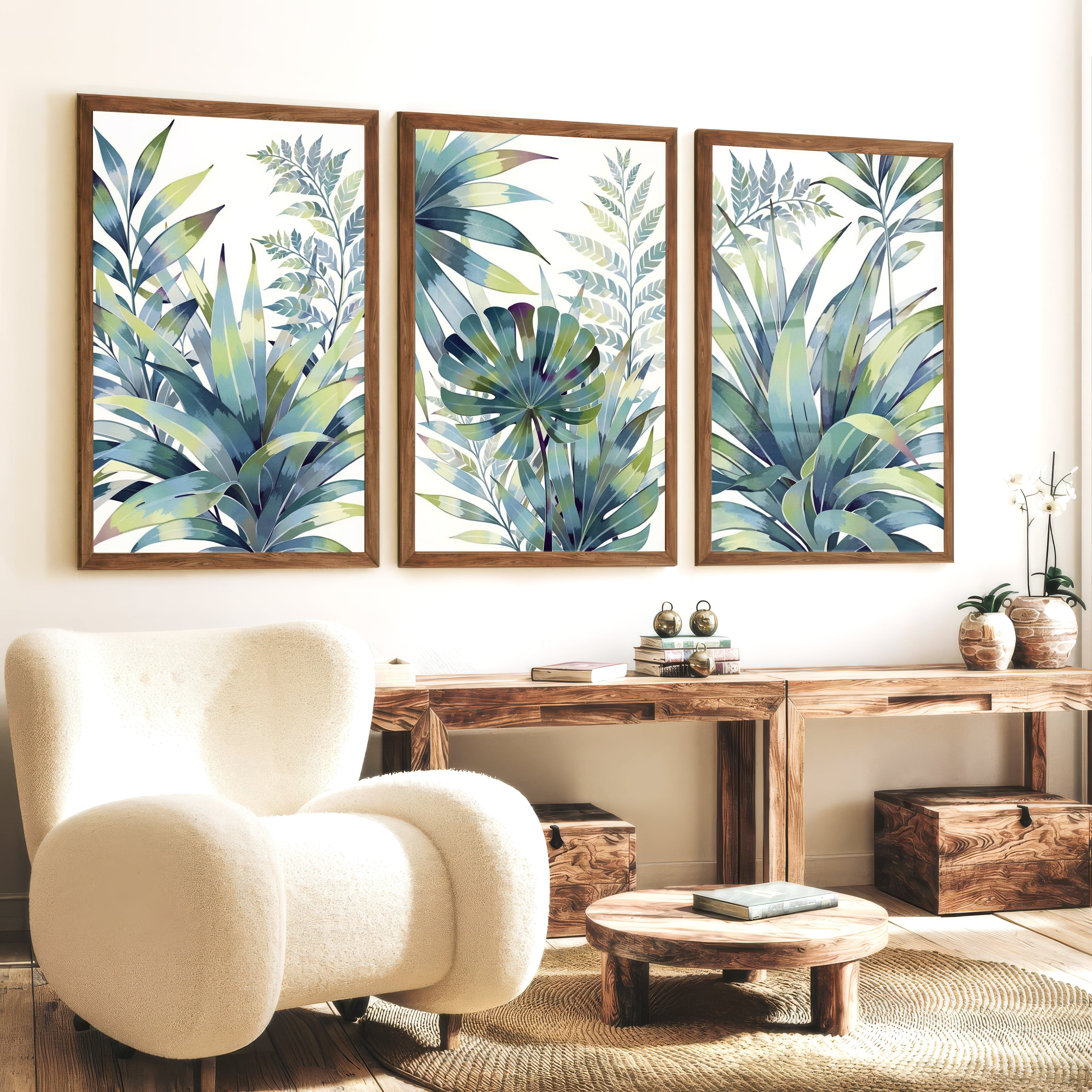 Vintage Floral Prints Framed Blue Green Leaf Art Set of 3