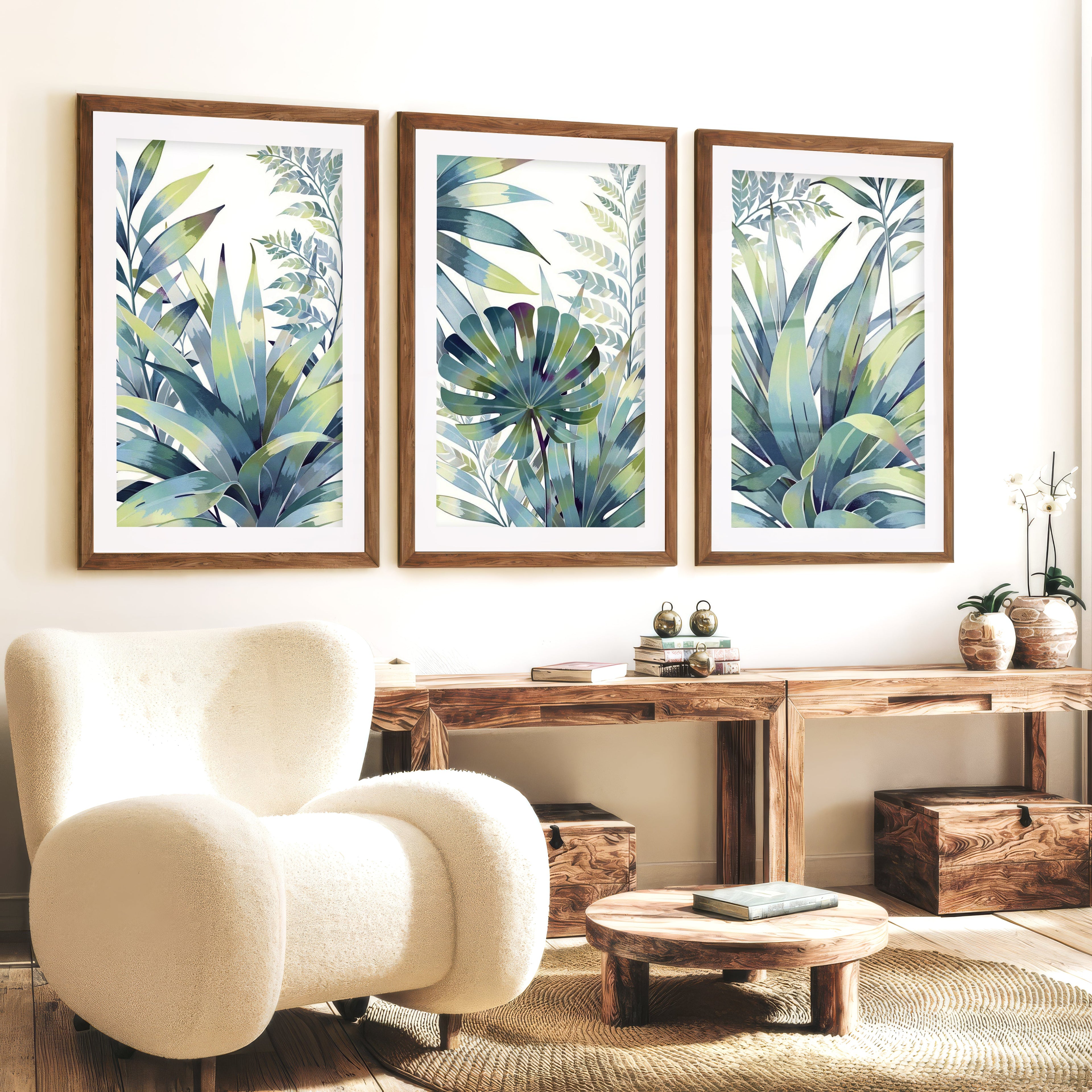Vintage Floral Prints Framed Blue Green Leaf Art Set of 3