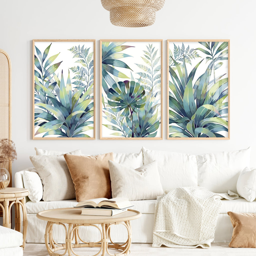 Lot de 3 décorations murales encadrées, motifs floraux vintage, feuilles bleues et vertes