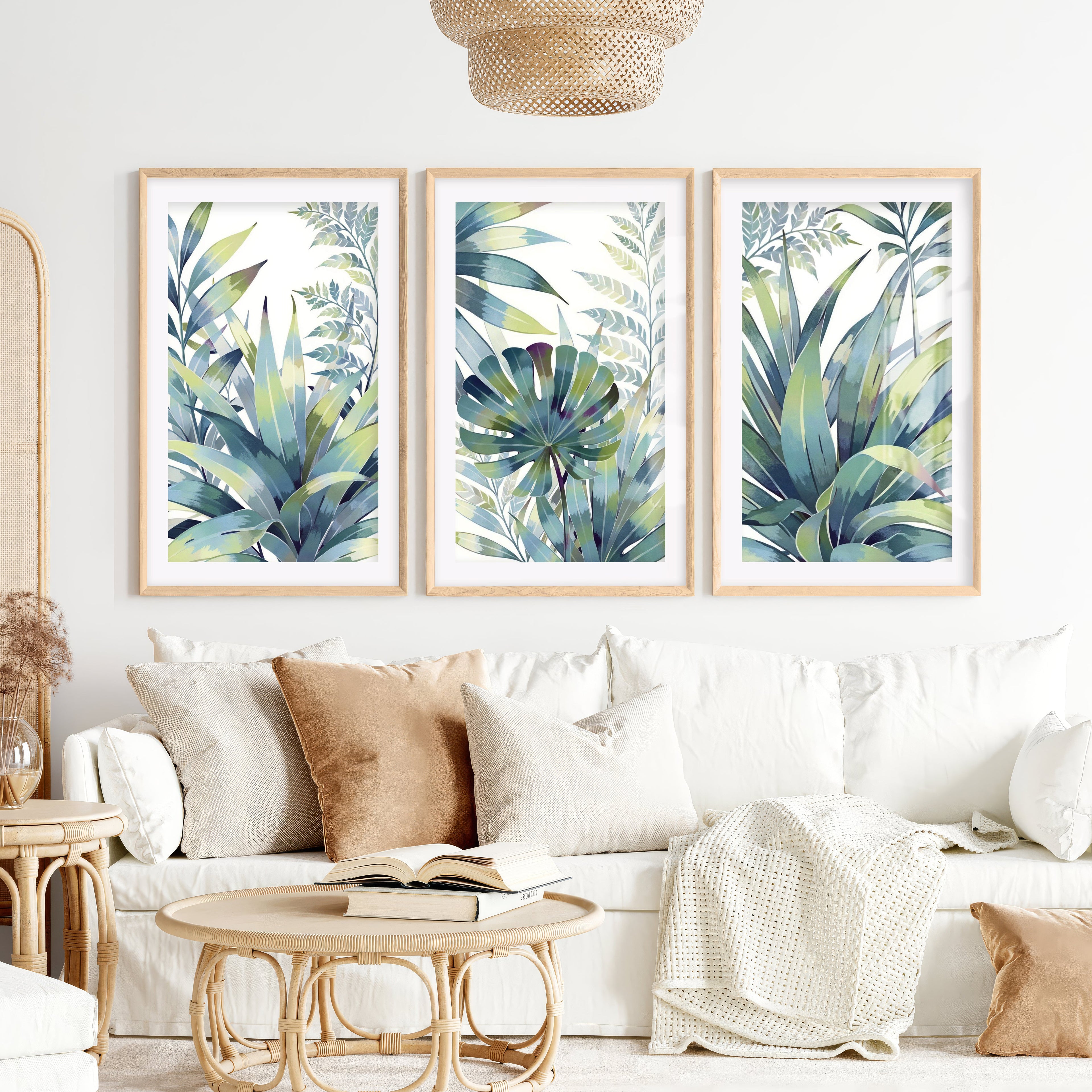 Vintage Floral Prints Framed Blue Green Leaf Art Set of 3