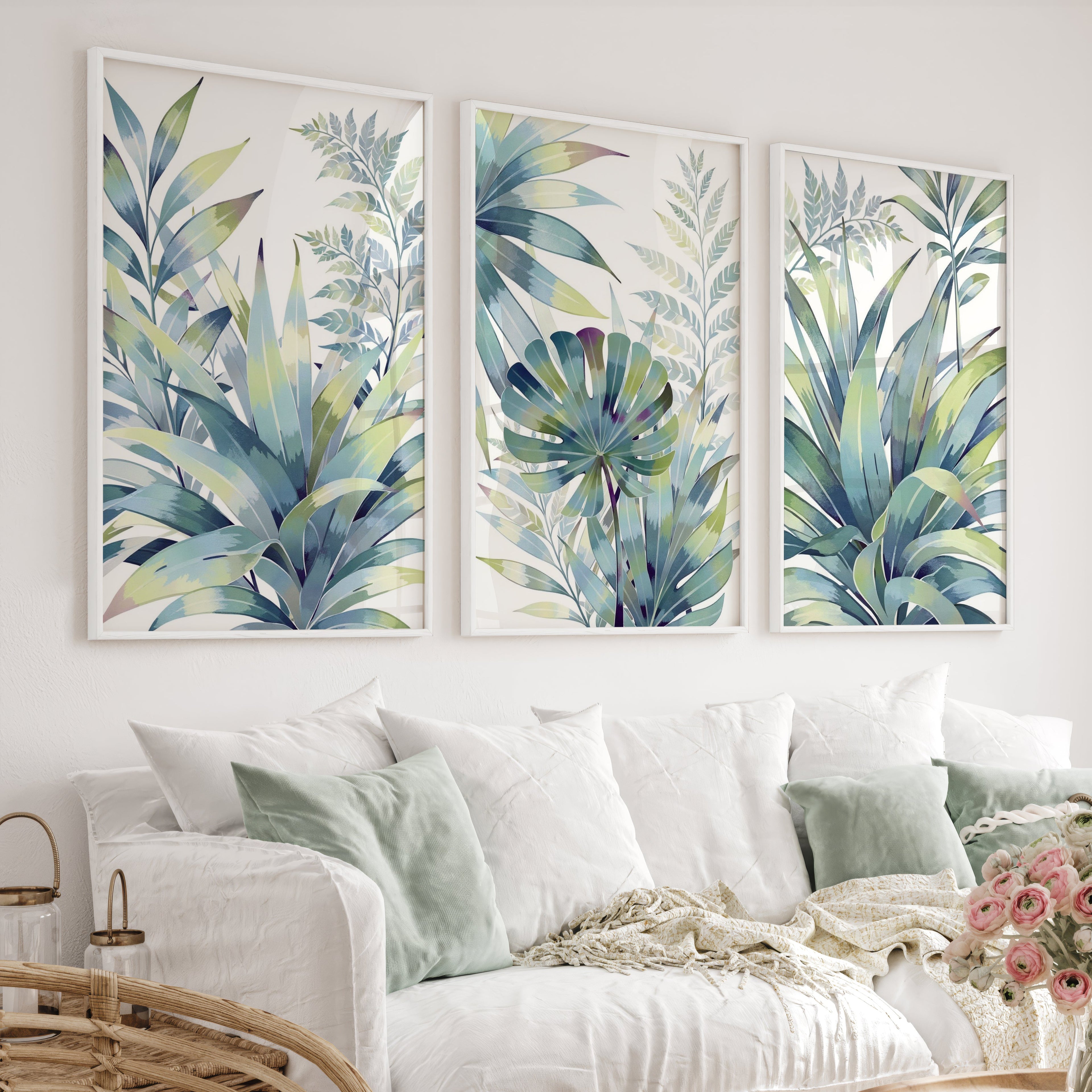 Vintage Floral Prints Framed Blue Green Leaf Art Set of 3