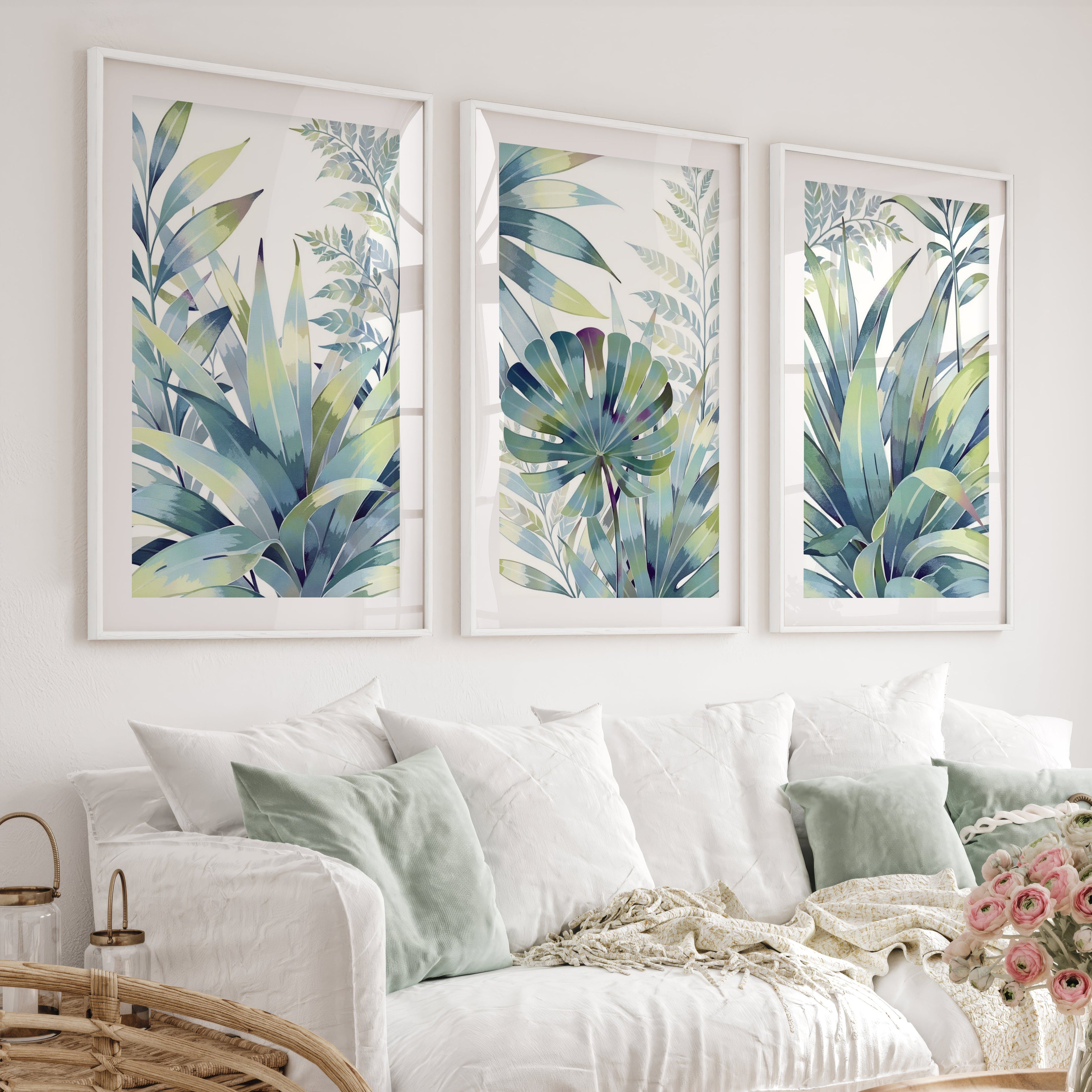 Vintage Floral Prints Framed Blue Green Leaf Art Set of 3