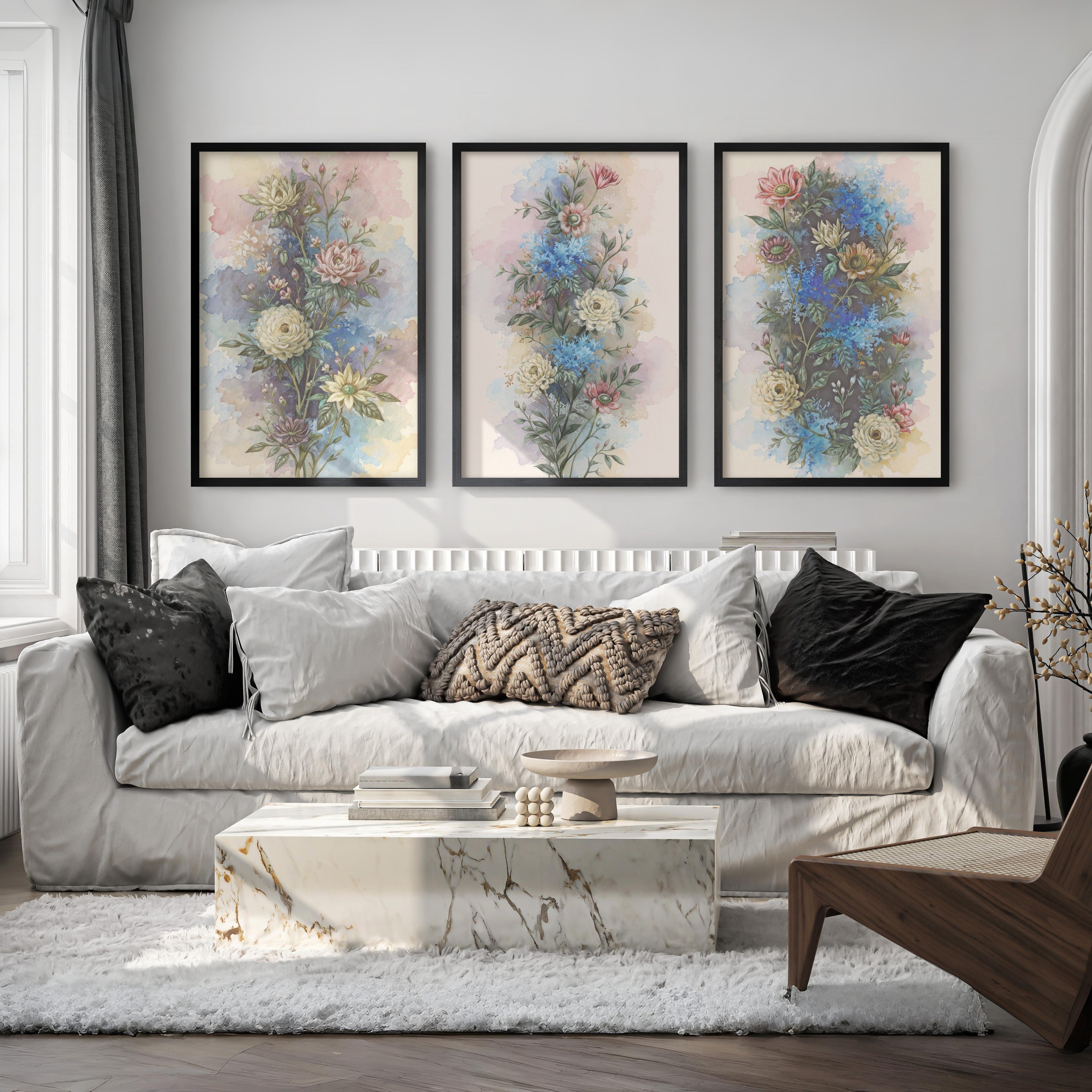 Vintage Flower Wall Art – Watercolor Botanical Set of 3