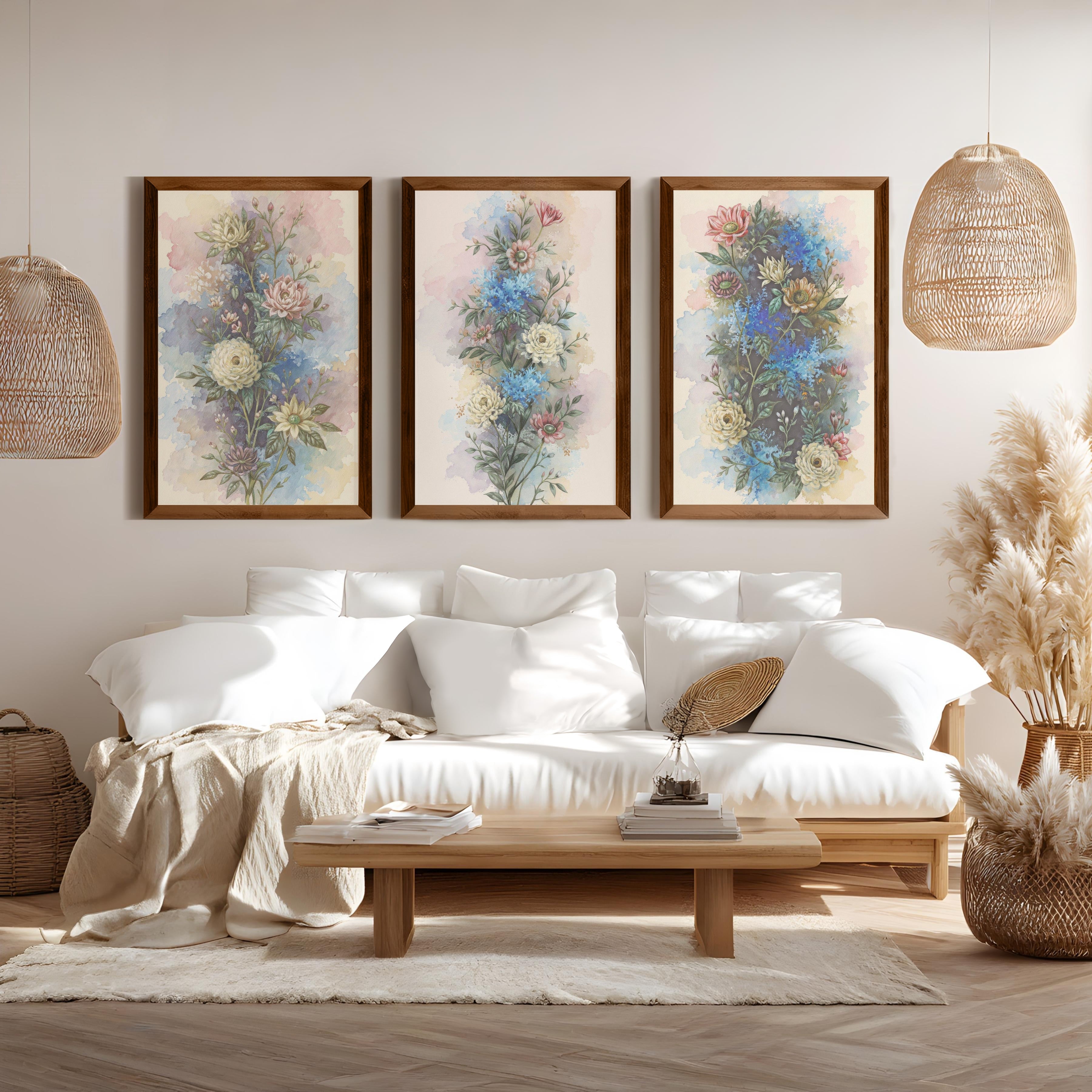 Vintage Flower Wall Art – Watercolor Botanical Set of 3