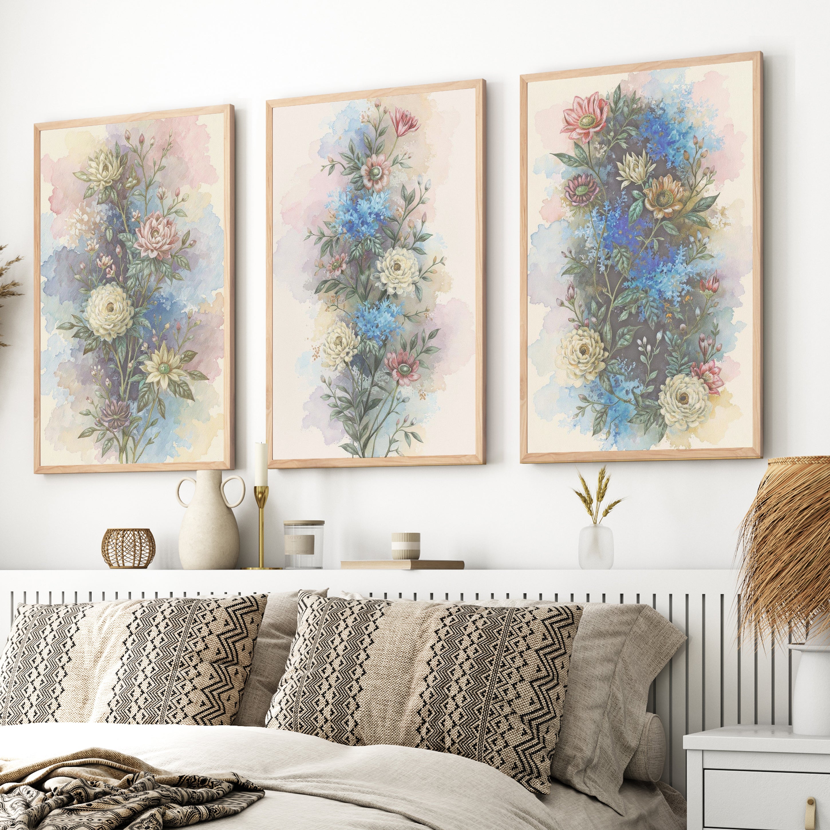 Vintage Flower Wall Art – Watercolor Botanical Set of 3