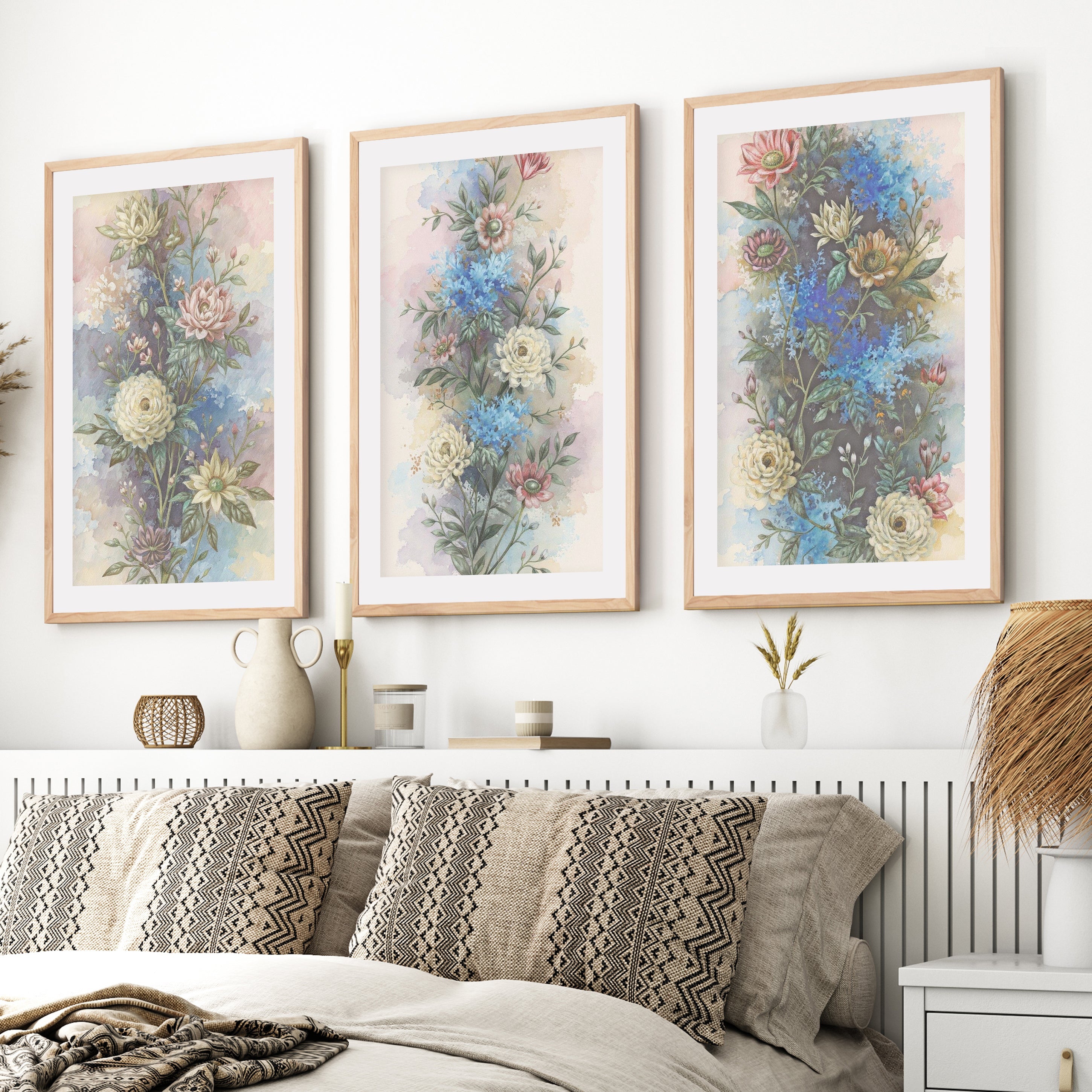 Vintage Flower Wall Art – Watercolor Botanical Set of 3