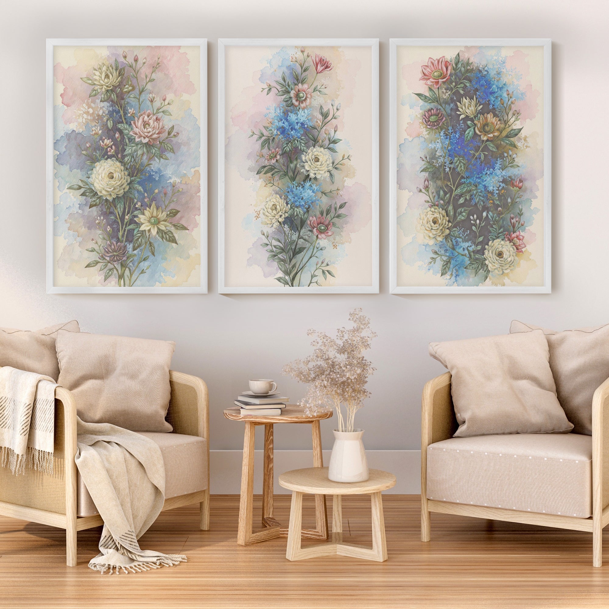 Vintage Flower Wall Art – Watercolor Botanical Set of 3
