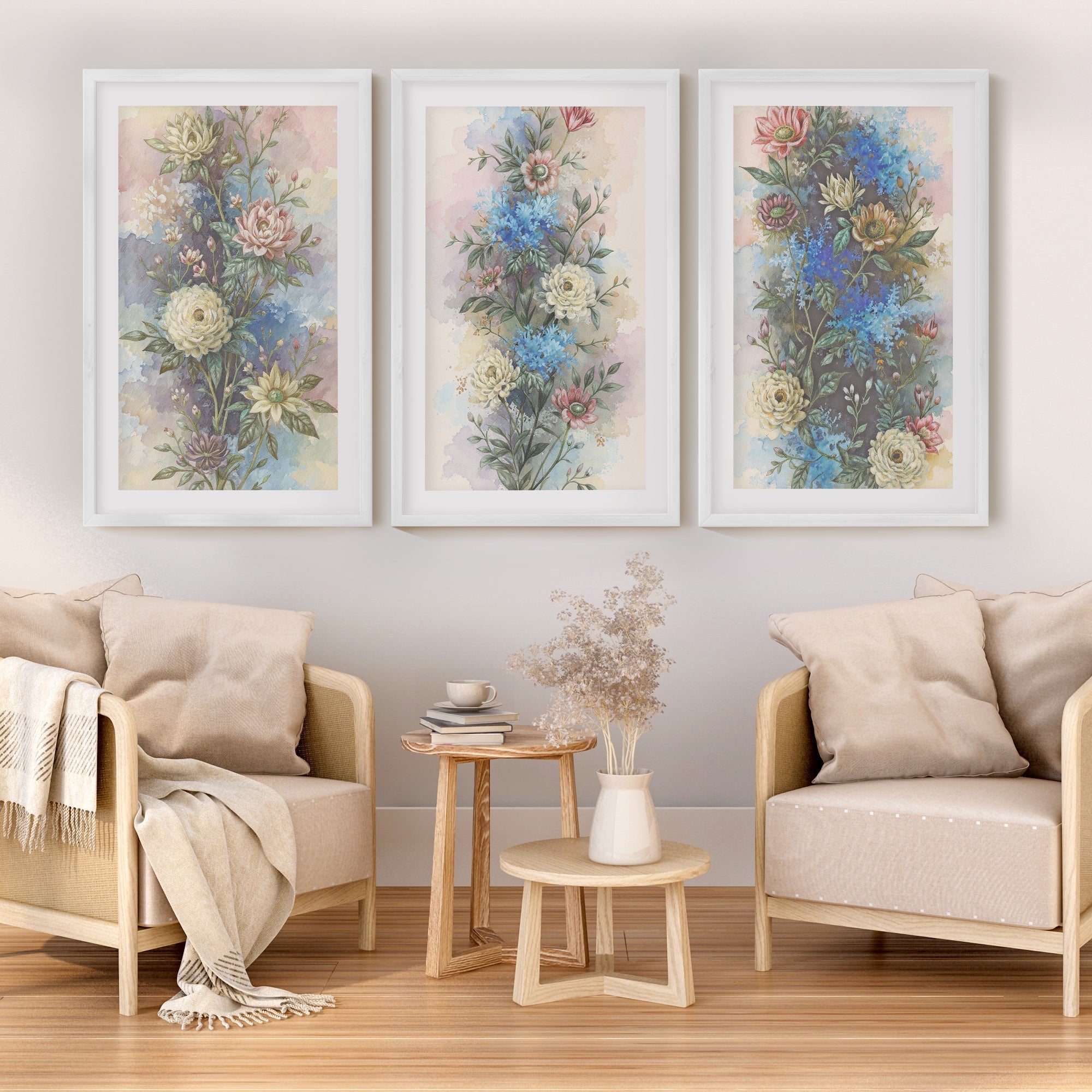 Vintage Flower Wall Art – Watercolor Botanical Set of 3