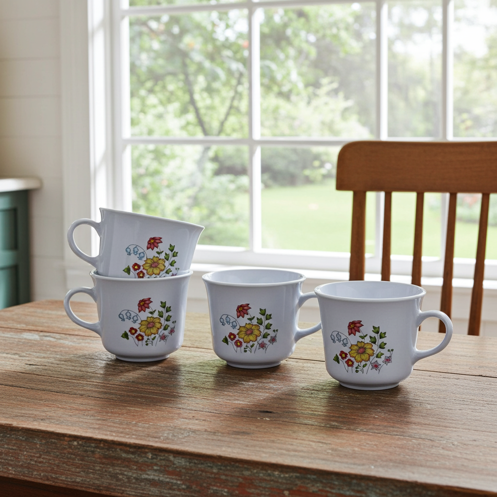 Set of 4 Corelle Spring Meadow Coffee Mugs, 1970s Floral by Corning Ware