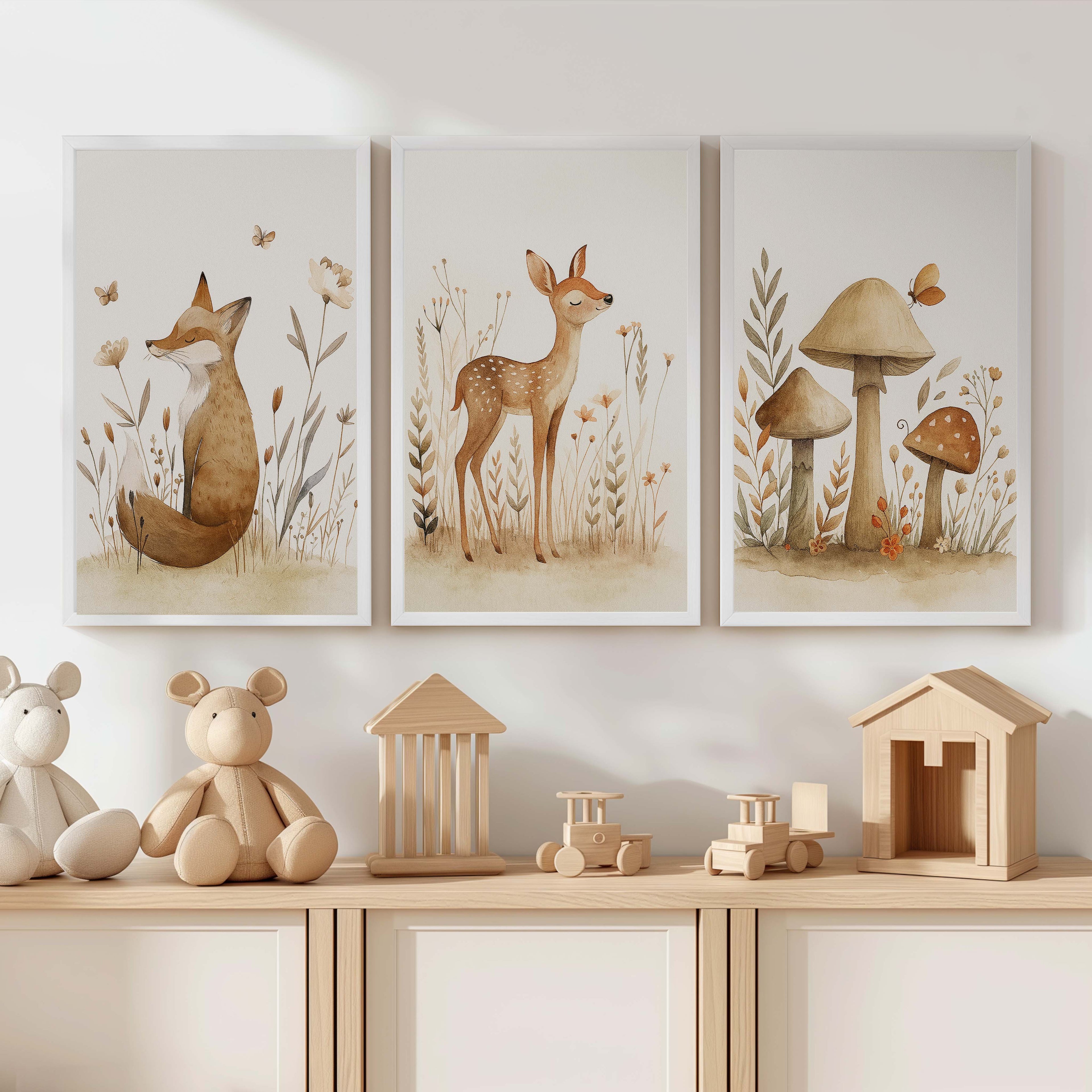 Woodland Animal Pictures for Nursery – Fox, Deer & Mushrooms