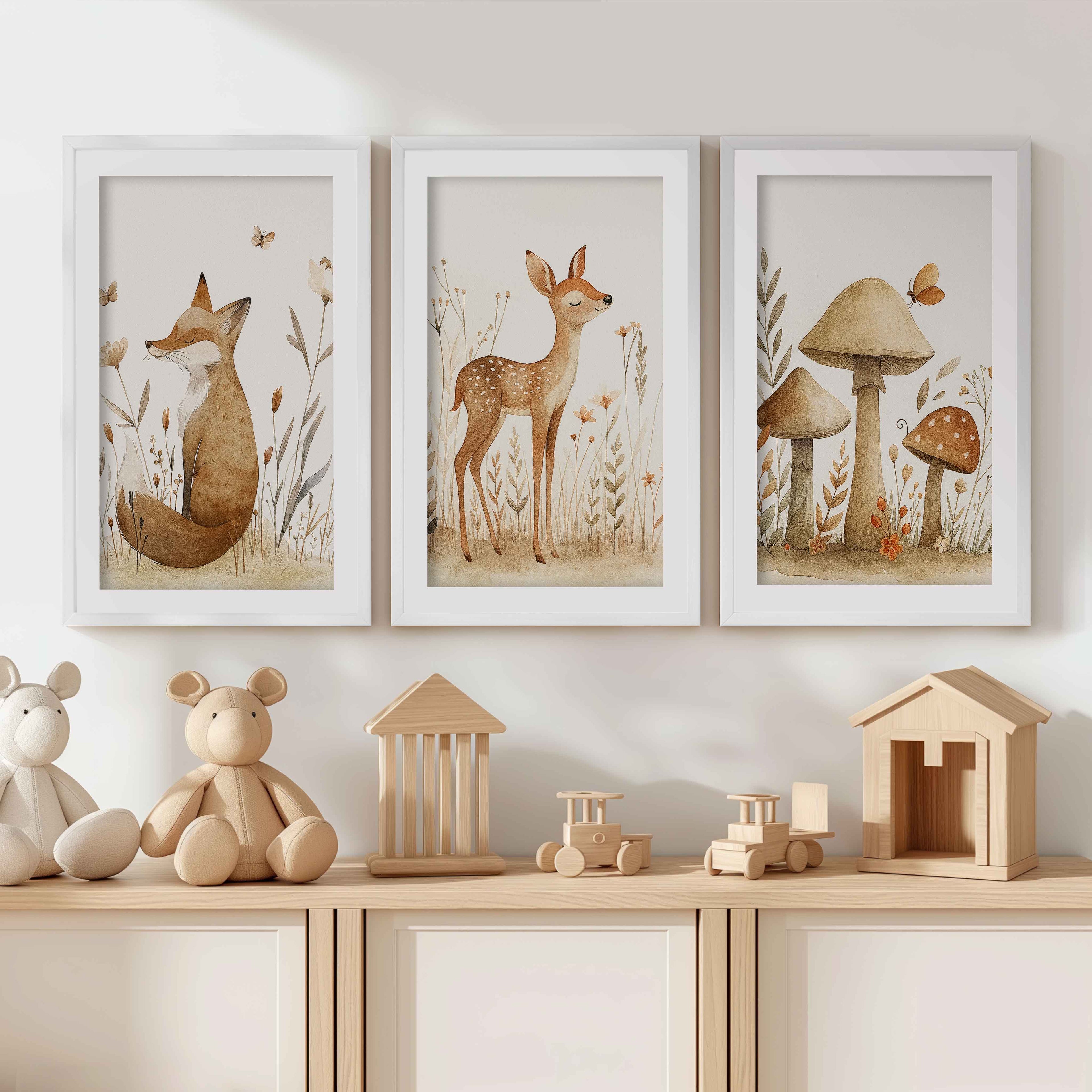 Woodland Animal Pictures for Nursery – Fox, Deer & Mushrooms