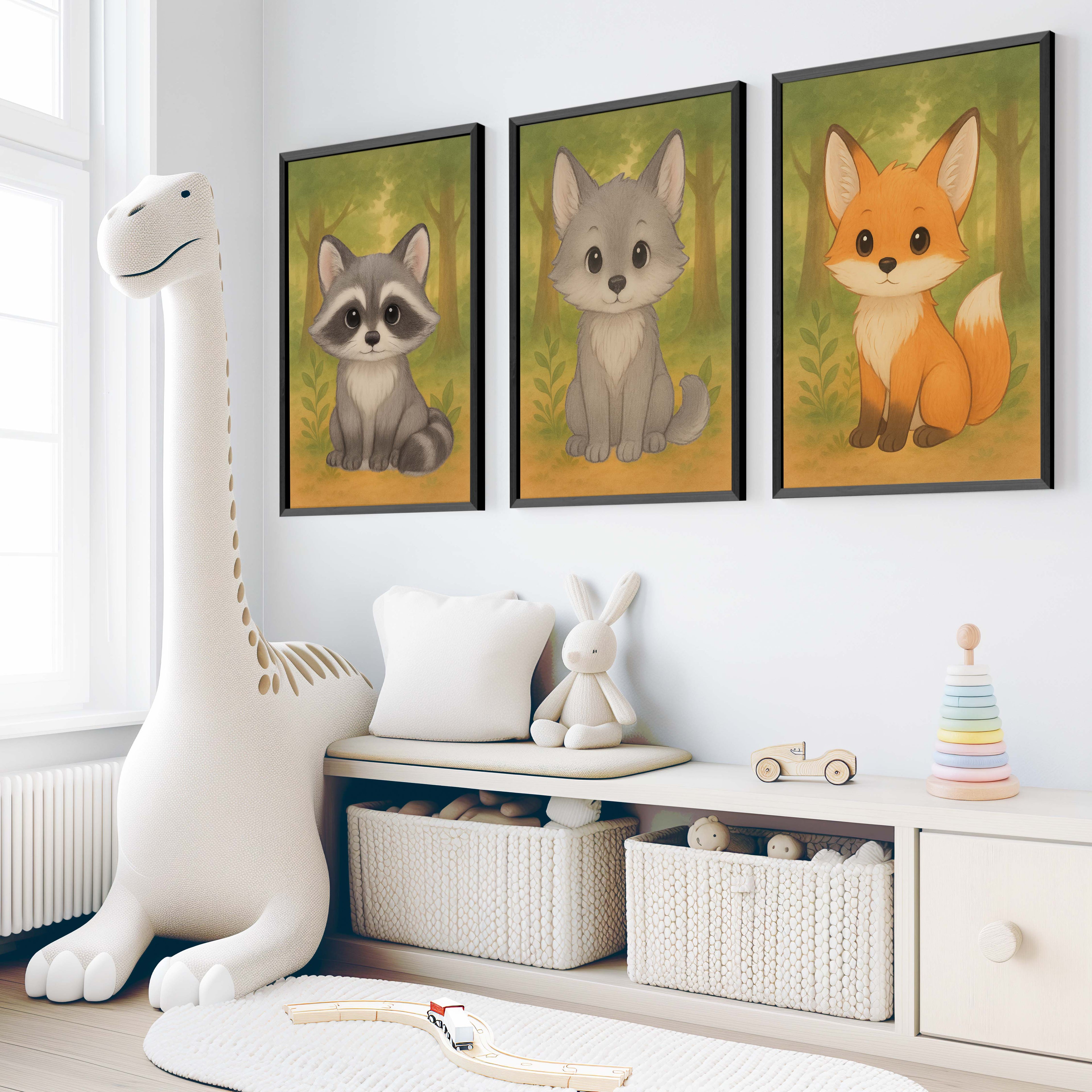 Woodland Nursery Art – Baby Fox, Wolf & Raccoon (Set of 3)