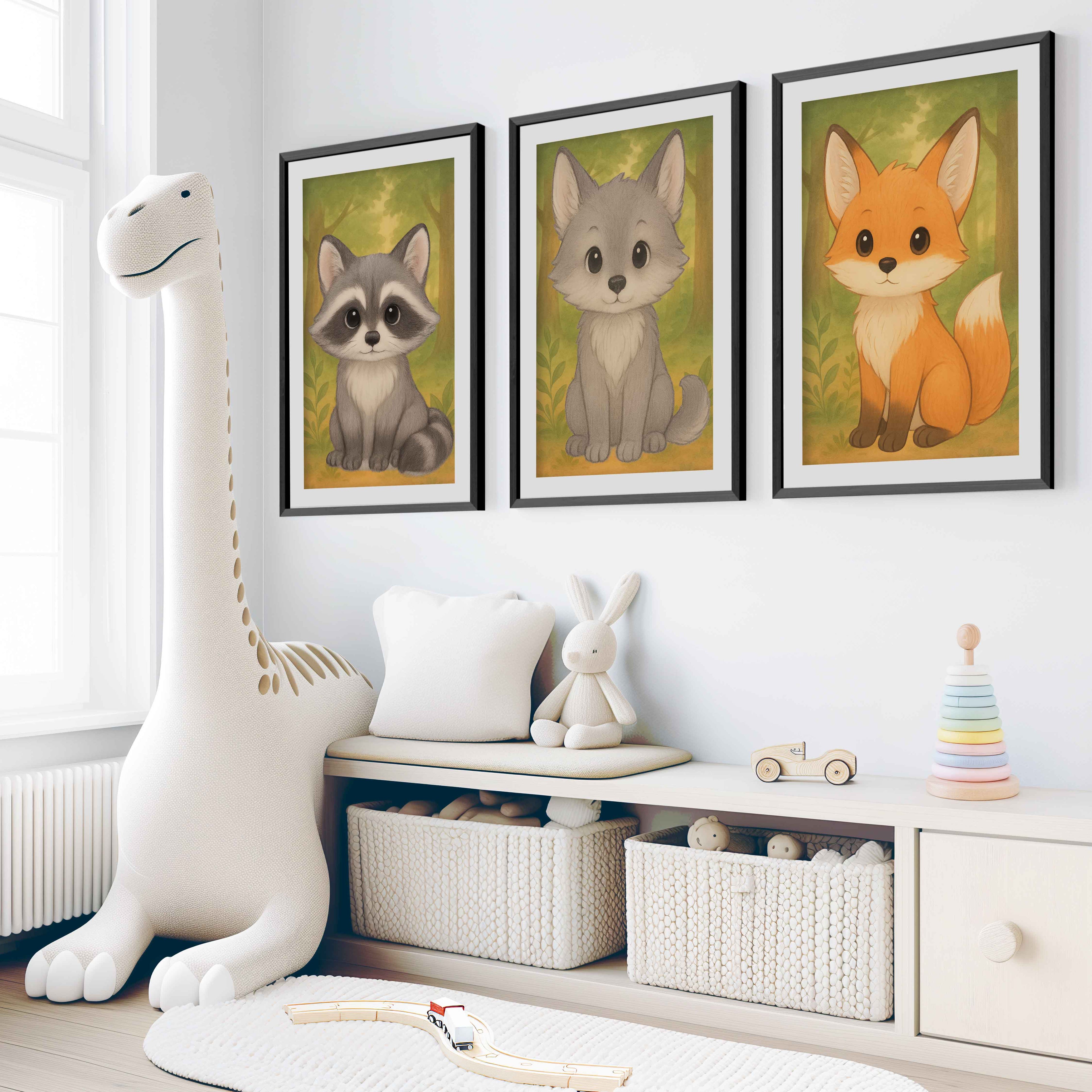 Woodland Nursery Art – Baby Fox, Wolf & Raccoon (Set of 3)