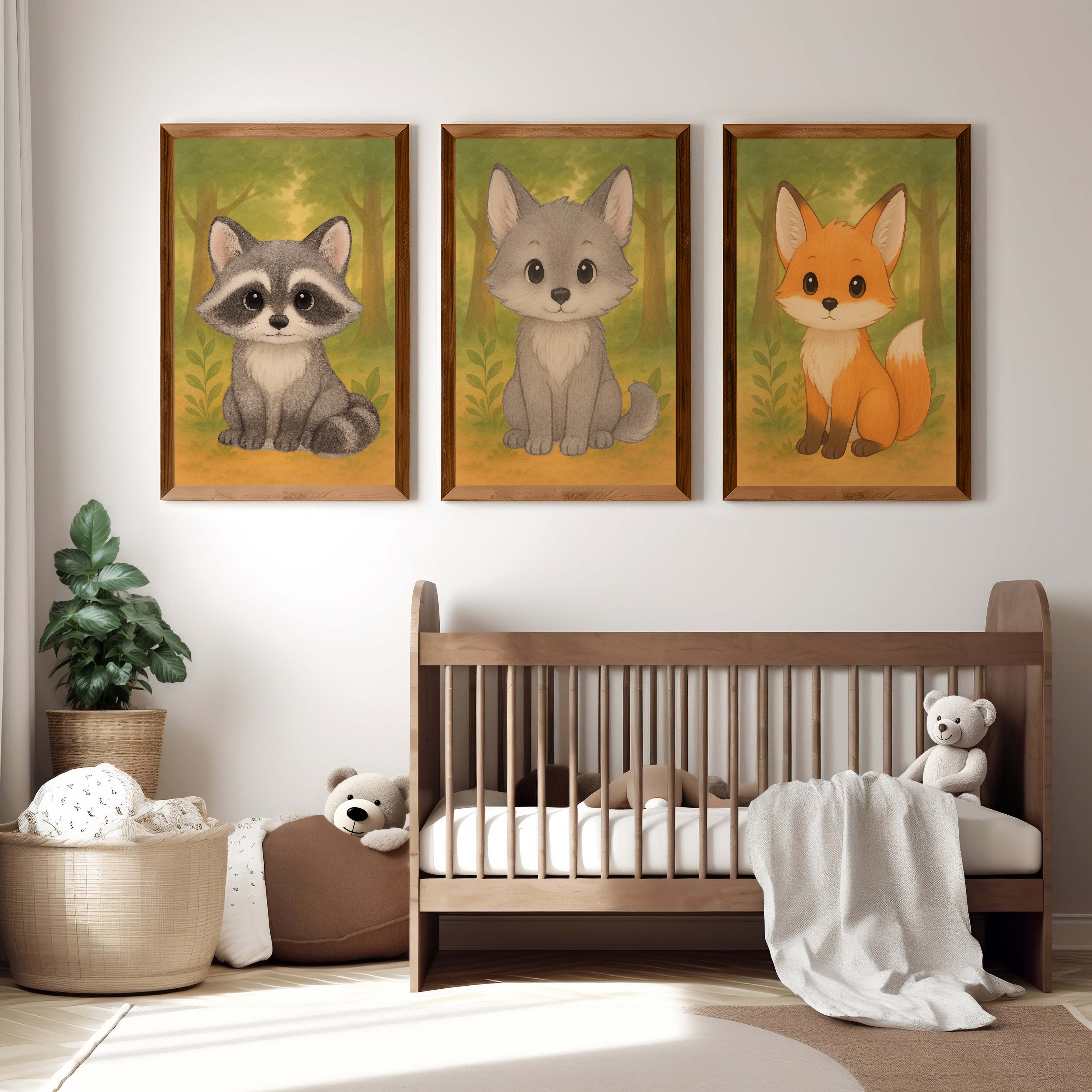Woodland Nursery Art – Baby Fox, Wolf & Raccoon (Set of 3)