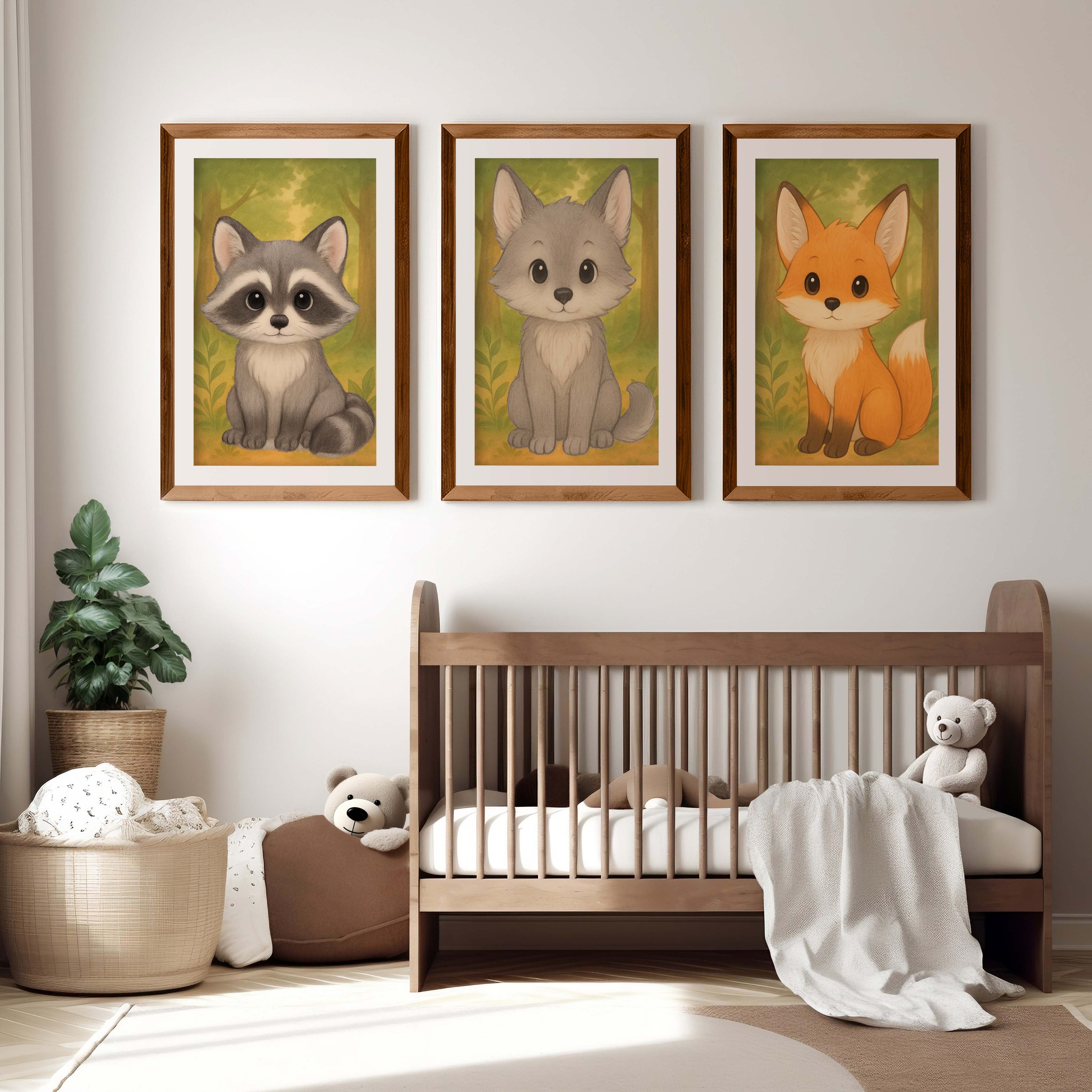 Woodland Nursery Art – Baby Fox, Wolf & Raccoon (Set of 3)