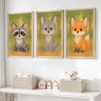 Waldtiere-Kinderzimmer-Kunst – Baby-Fuchs, Wolf & Waschbär (3er-Set)