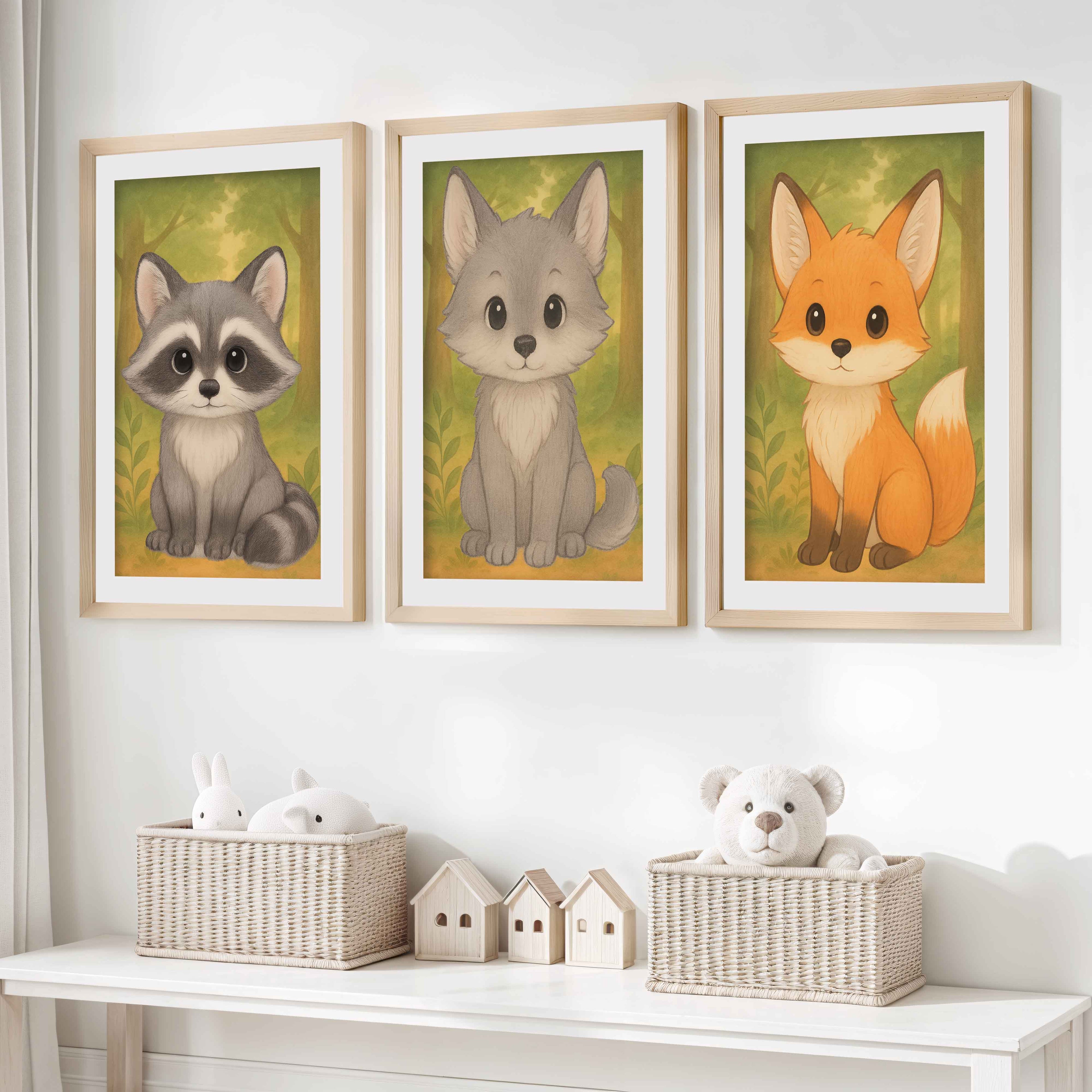 Woodland Nursery Art – Baby Fox, Wolf & Raccoon (Set of 3)