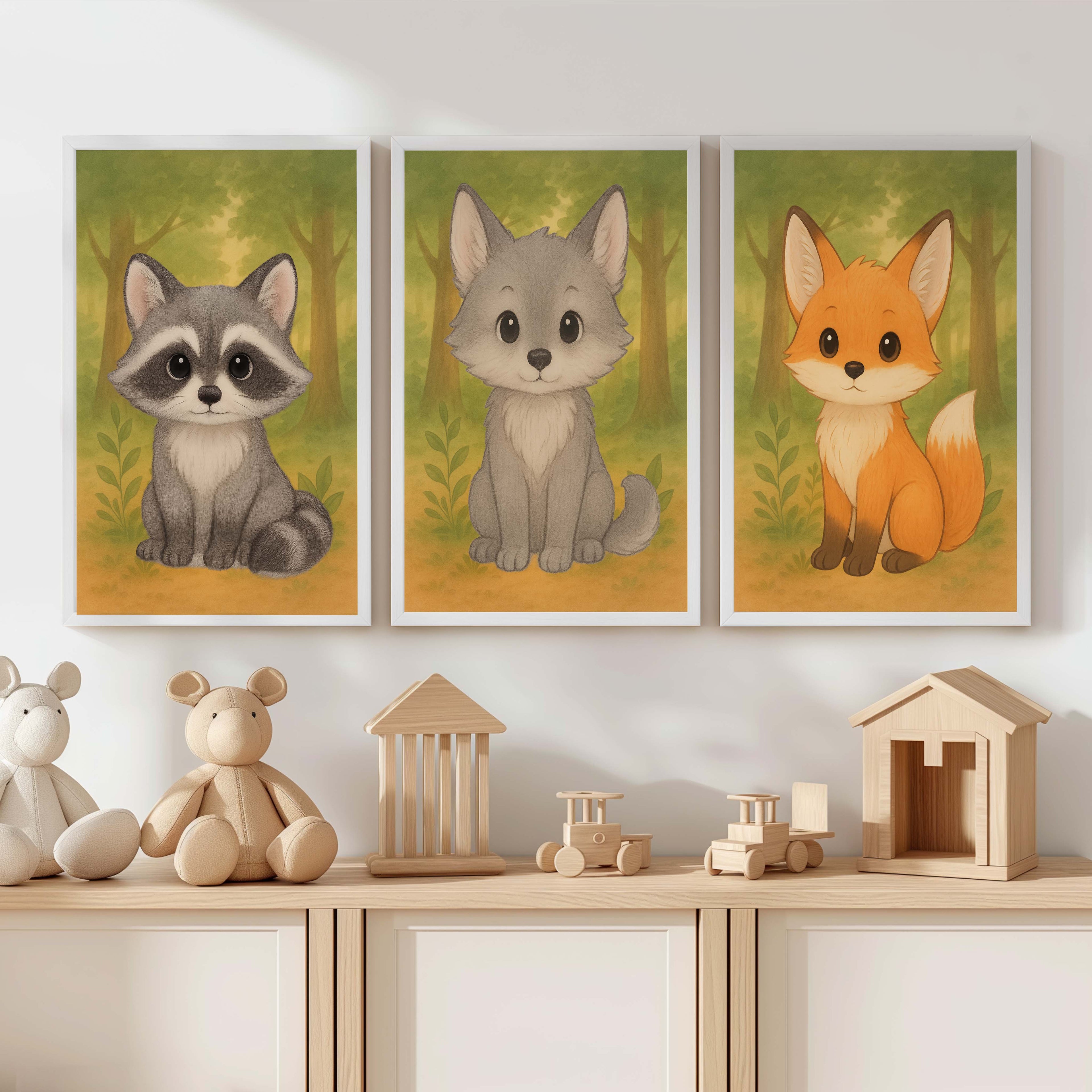 Woodland Nursery Art – Baby Fox, Wolf & Raccoon (Set of 3)