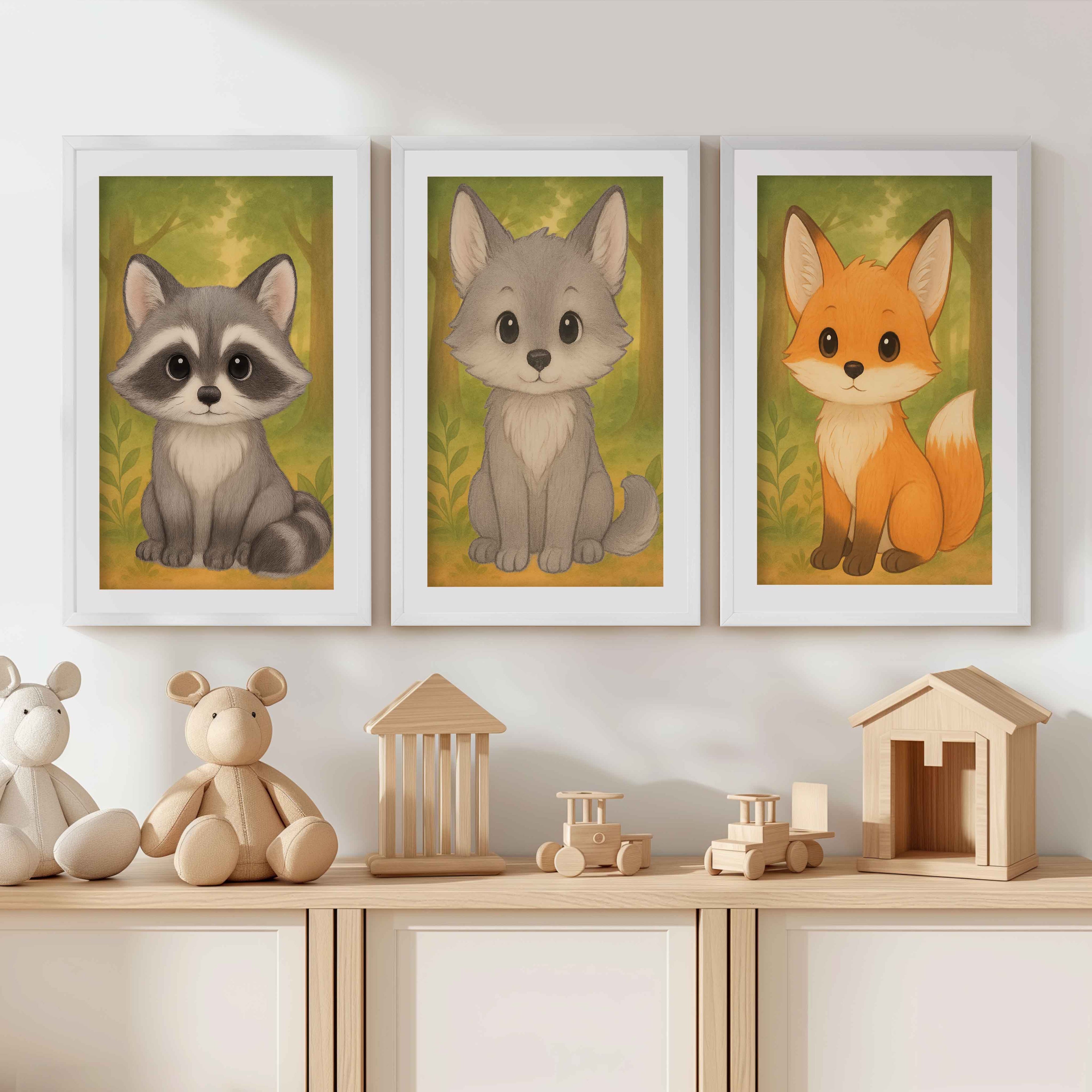Woodland Nursery Art – Baby Fox, Wolf & Raccoon (Set of 3)