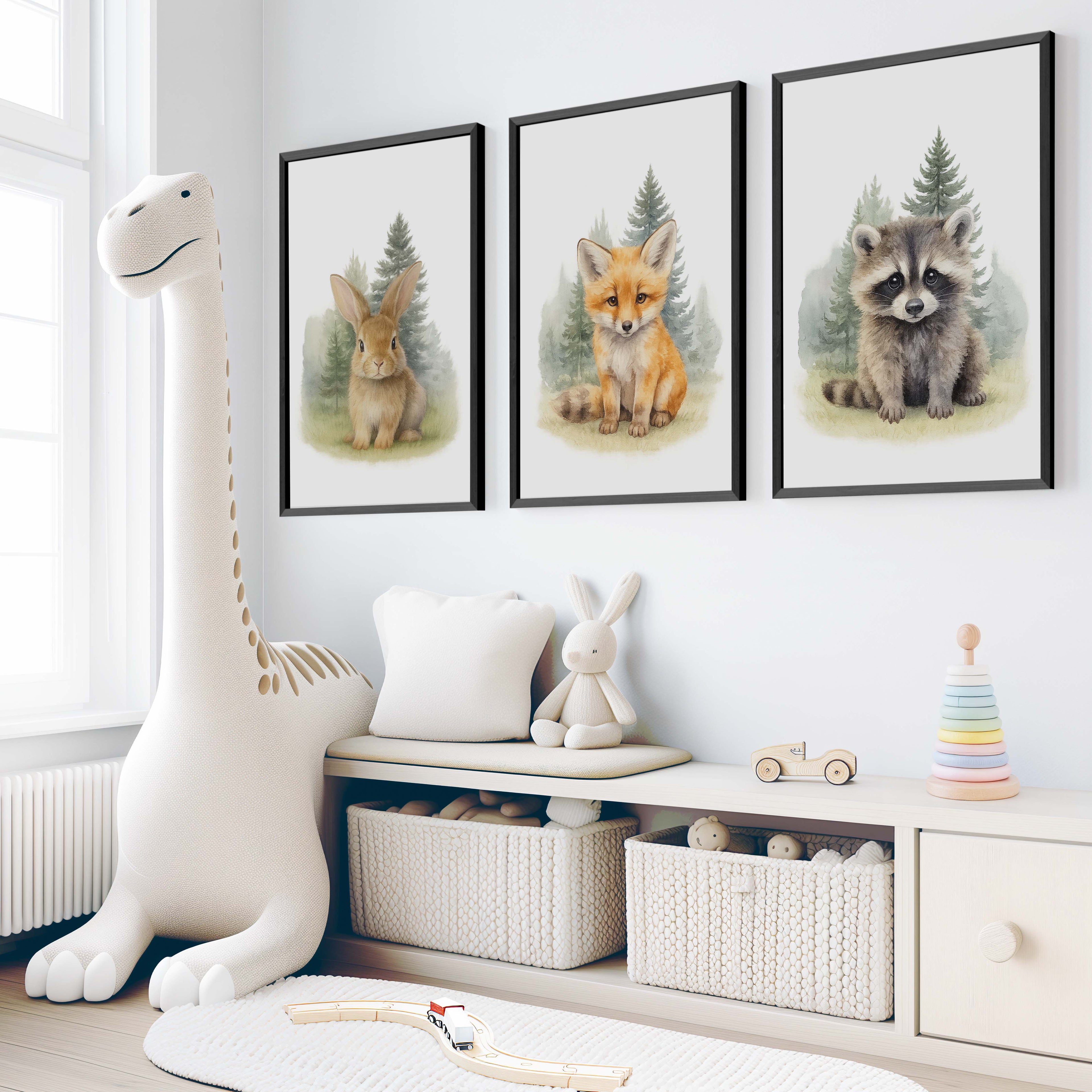 Woodland Nursery Wall Art – Bunny, Fox & Raccoon Set