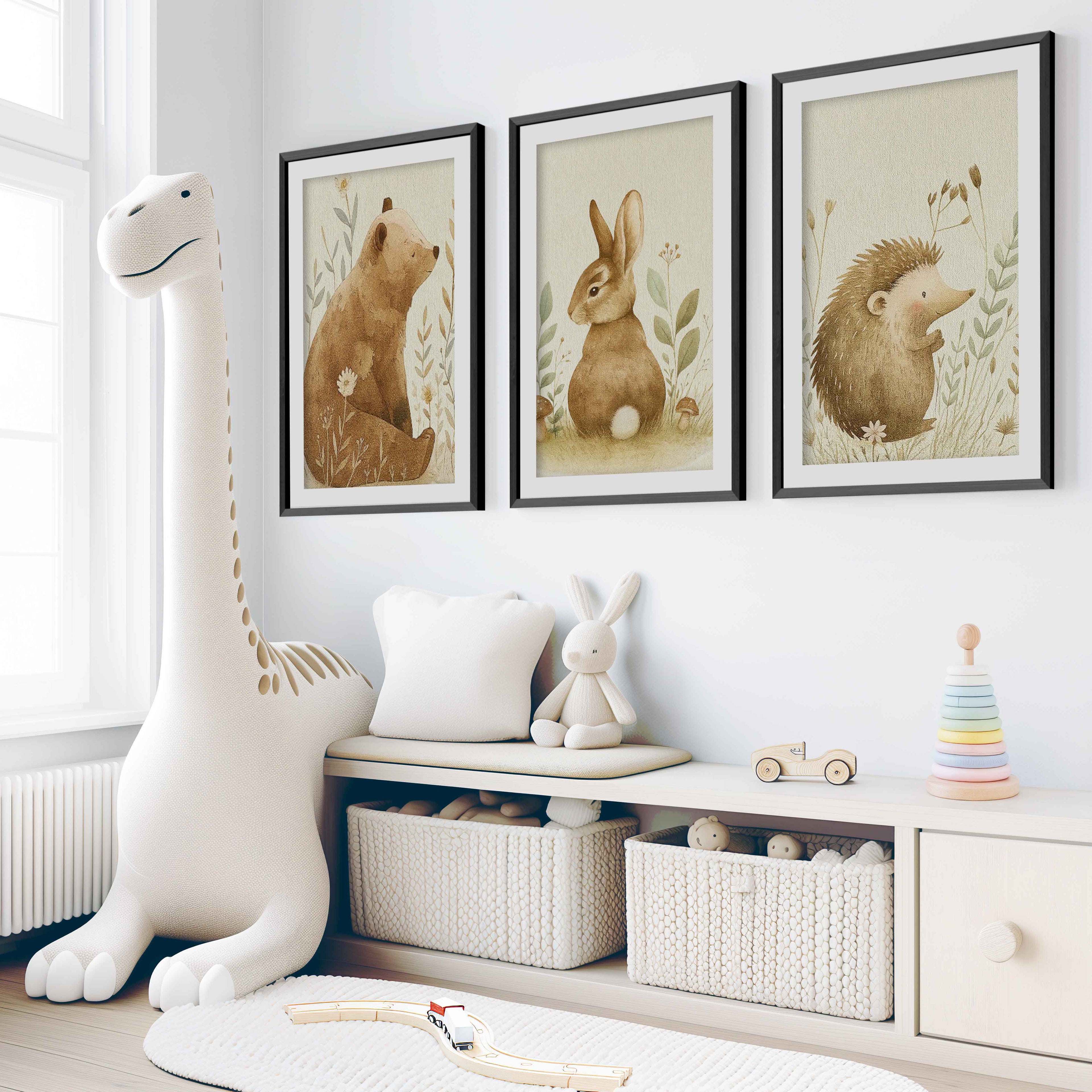 Woodland Nursery Wall Decor – Bear, Bunny & Hedgehog Set